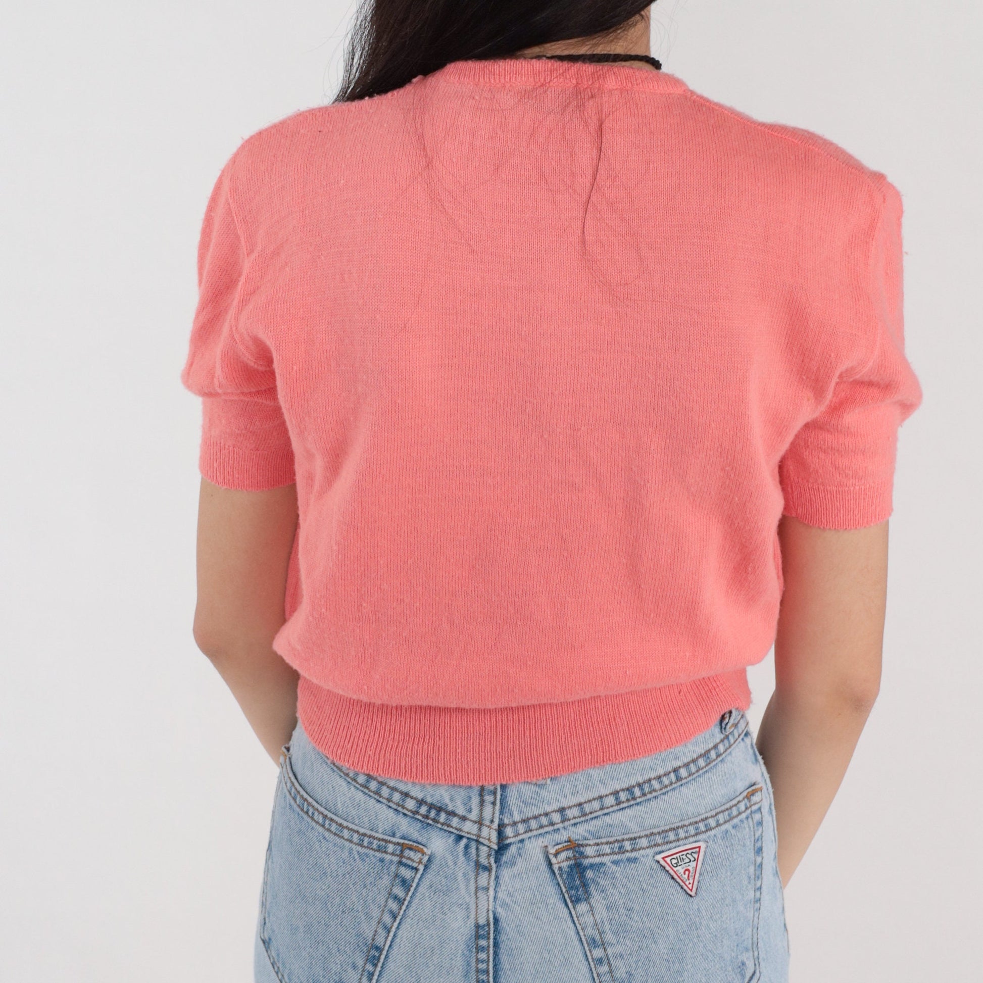 60s Pink Nylon Knit Crop Top Short Sleeve Banded Hem Small