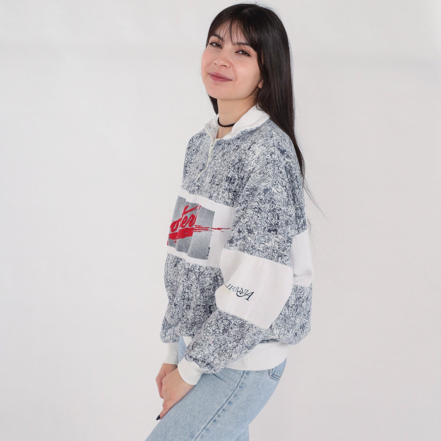 80s Monterey California Quarter Zip Sweatshirt Navy Marble Graphic Large L