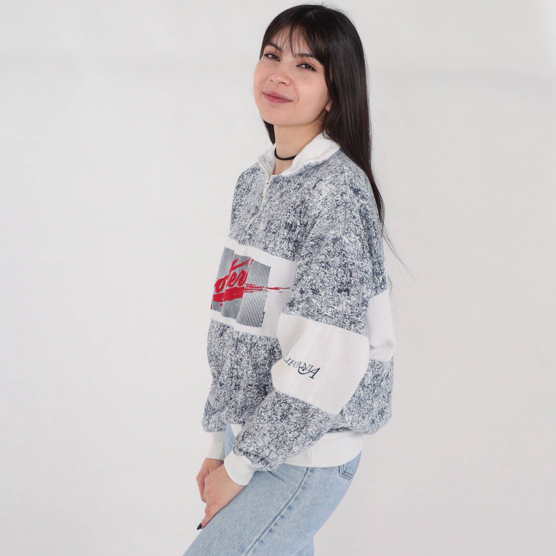 80s Monterey California Quarter Zip Sweatshirt Navy Marble Graphic Large L