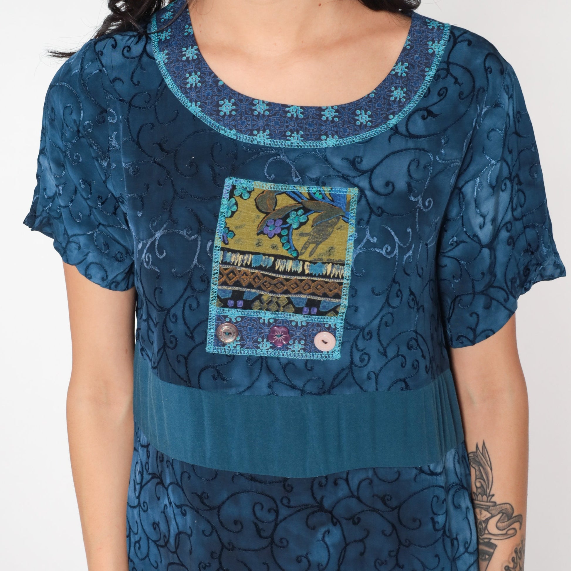 00s Dark Blue Vine Print Midi Dress Geometric Patch Side Slit Small S