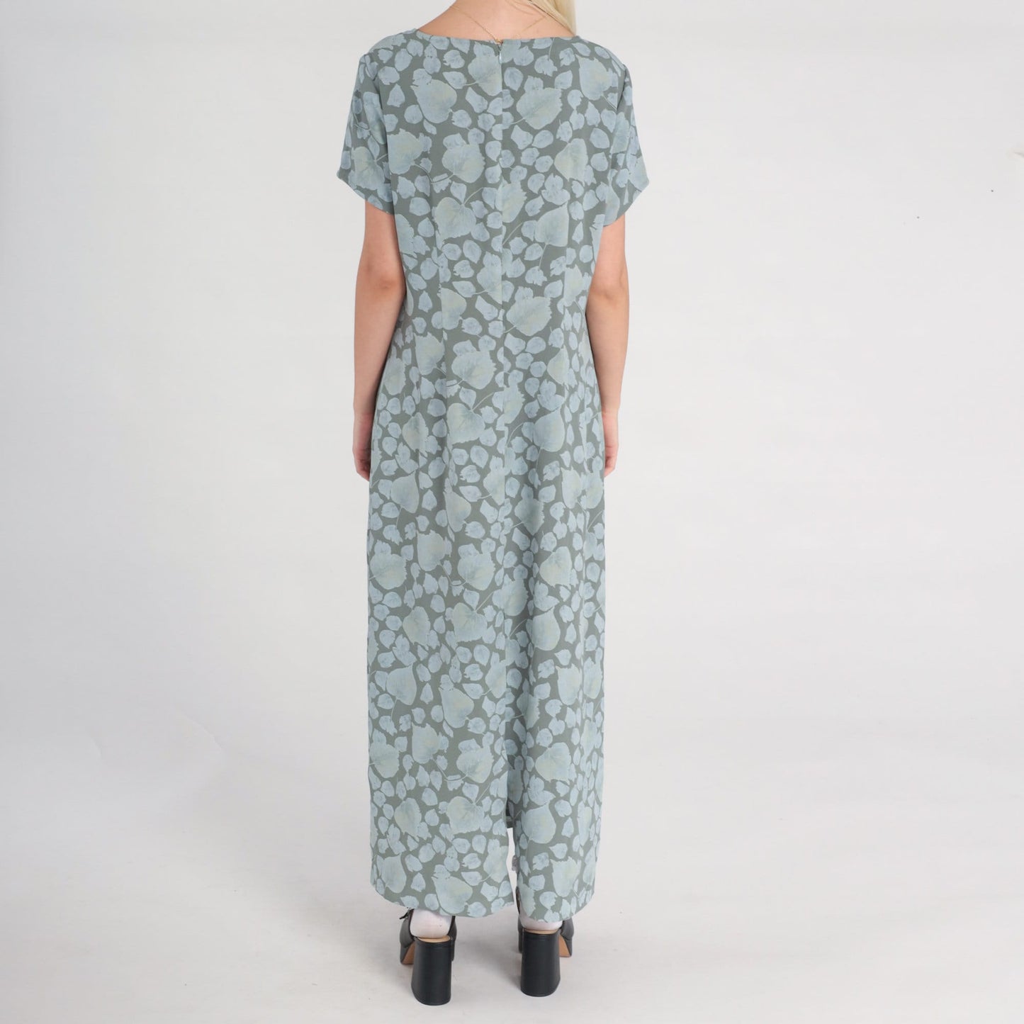 00s Liz Claiborne Botanical Maxi Dress Grey Blue Leaf Print Large