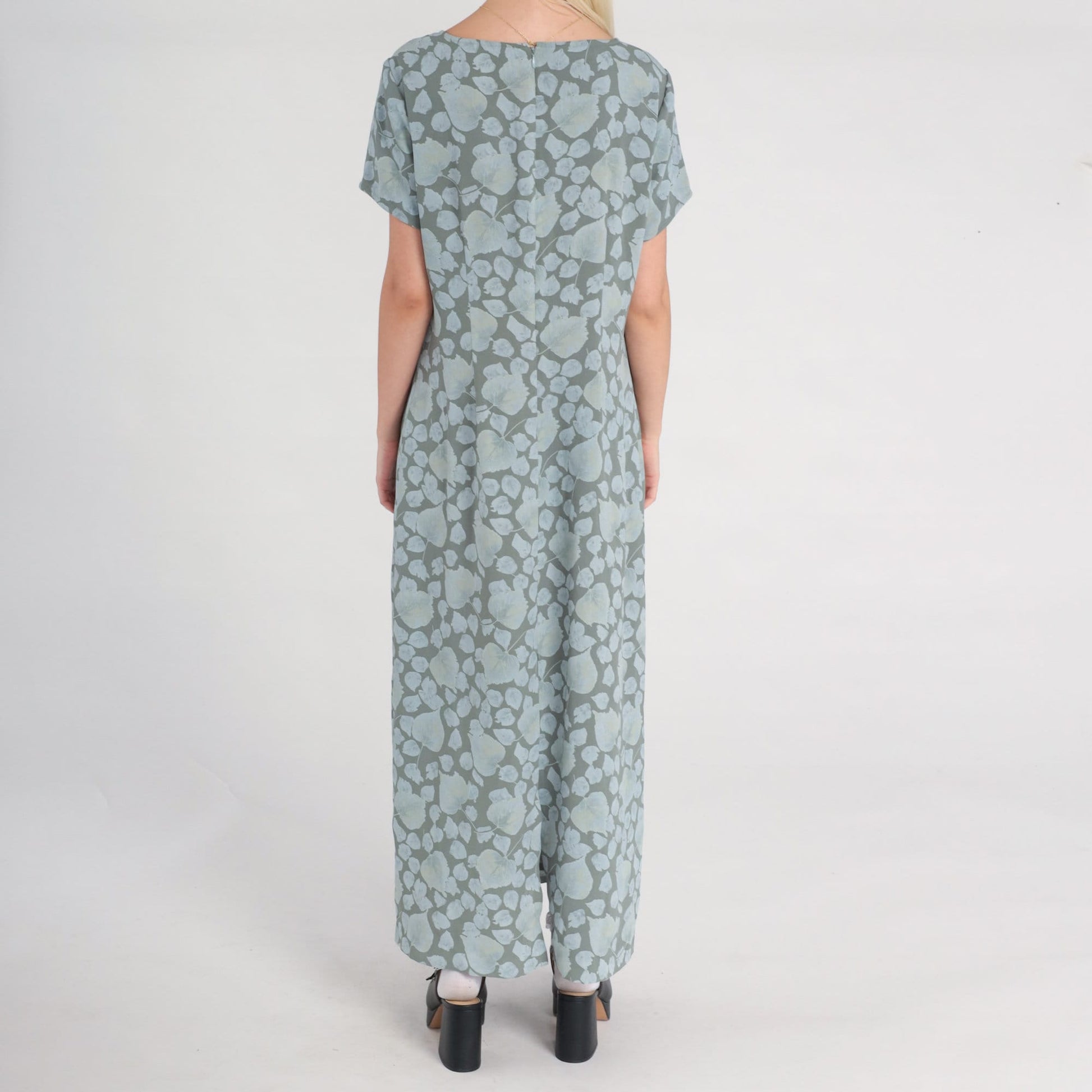 00s Liz Claiborne Botanical Maxi Dress Grey Blue Leaf Print Large