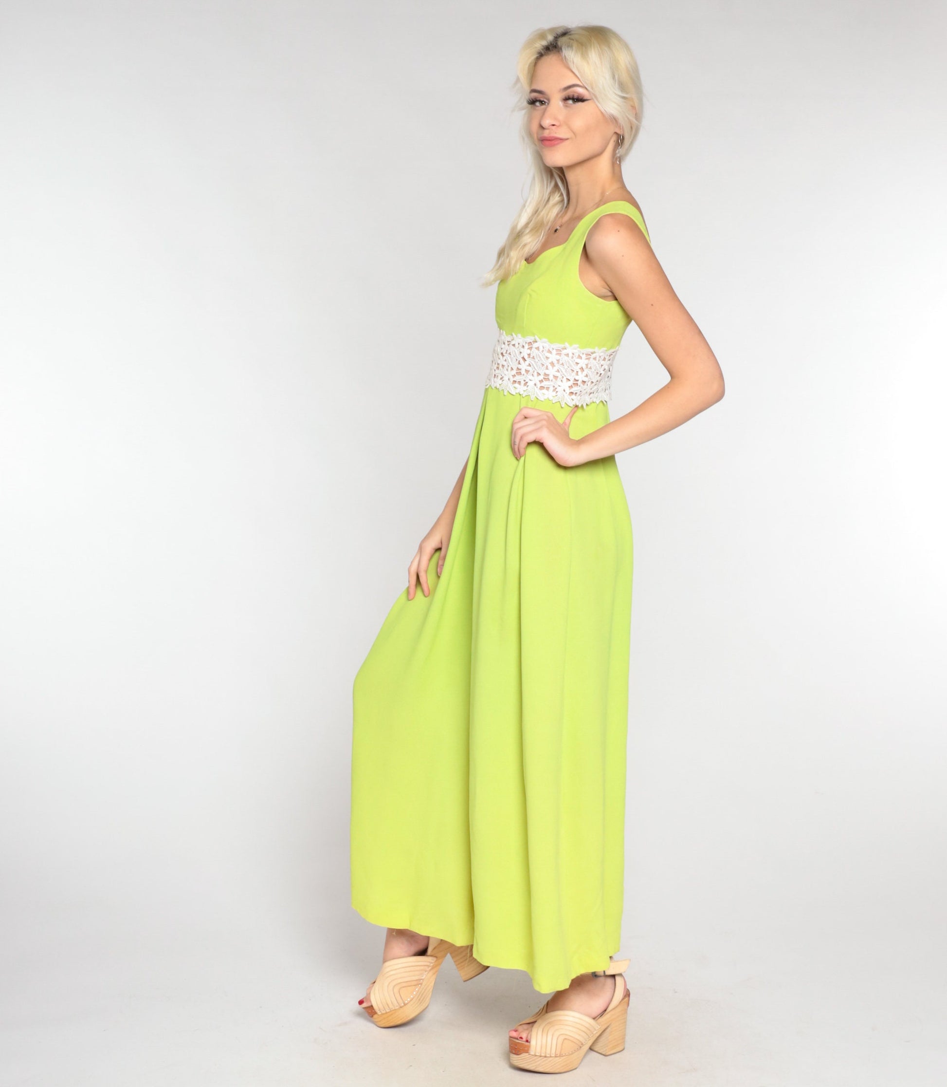 70s Lime Green Jumpsuit Wide Leg Floral Crochet Sleeveless Small