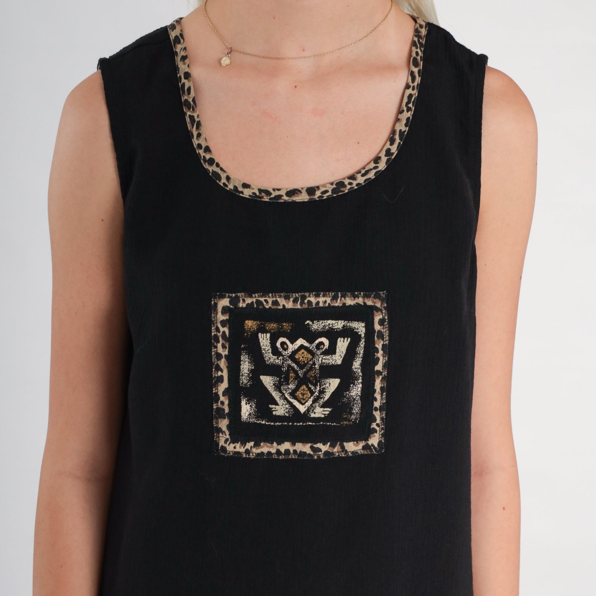 Y2K Black Frog Print Sleeveless Shift Dress Side Slit Medium 8