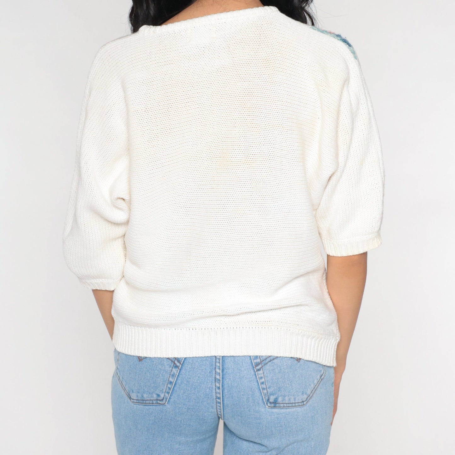 90s Koret Beaded Floral Knit Top Short Sleeve White Small