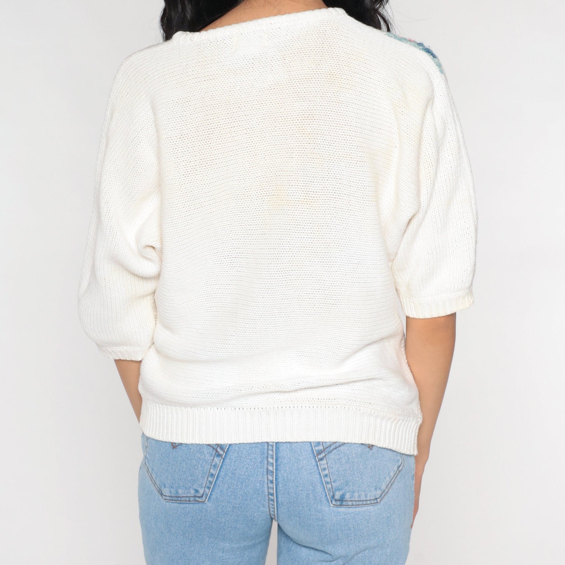 90s Koret Beaded Floral Knit Top Short Sleeve White Small