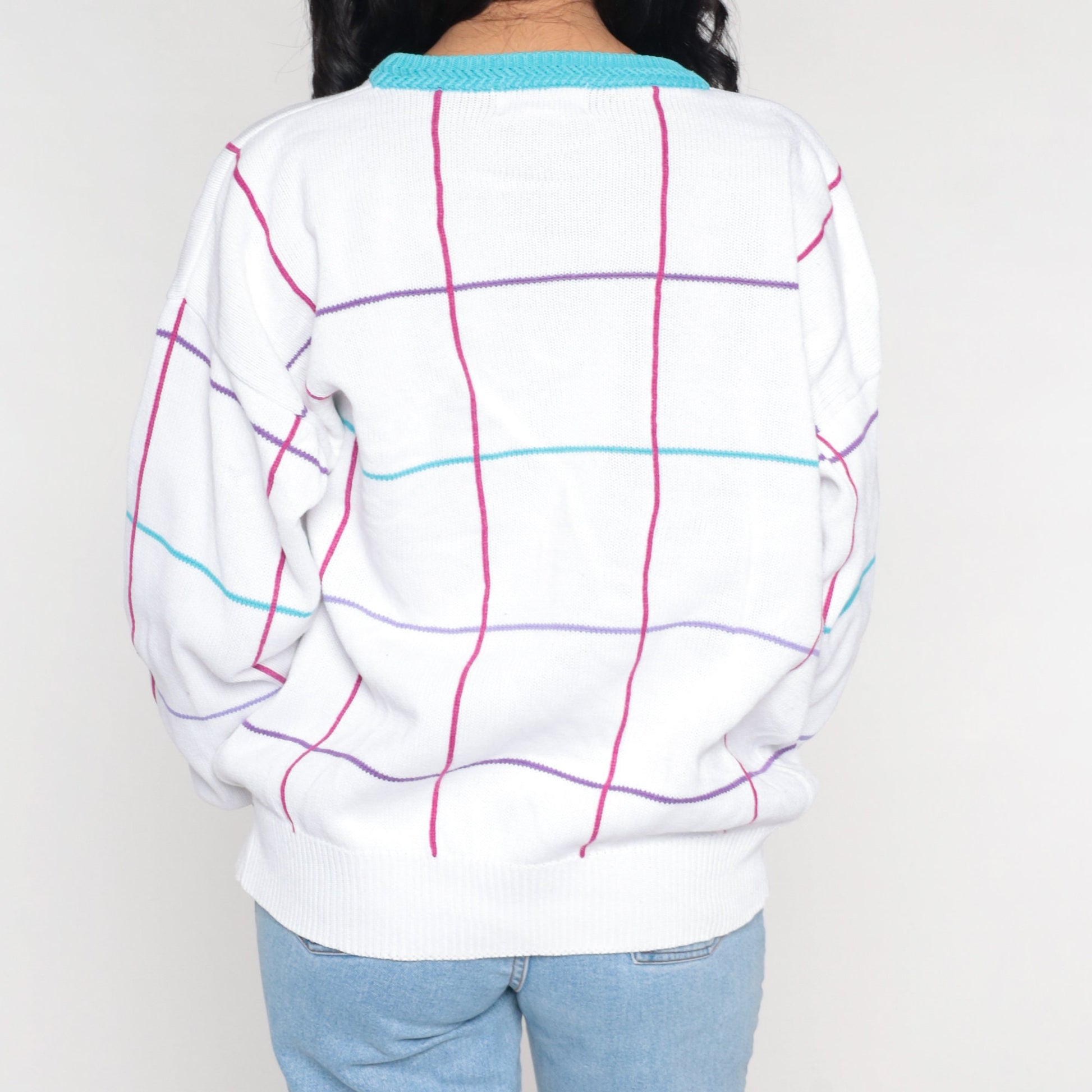 90s Terre du Lac Checkered White Crewneck Sweater Ringer Trim Large L