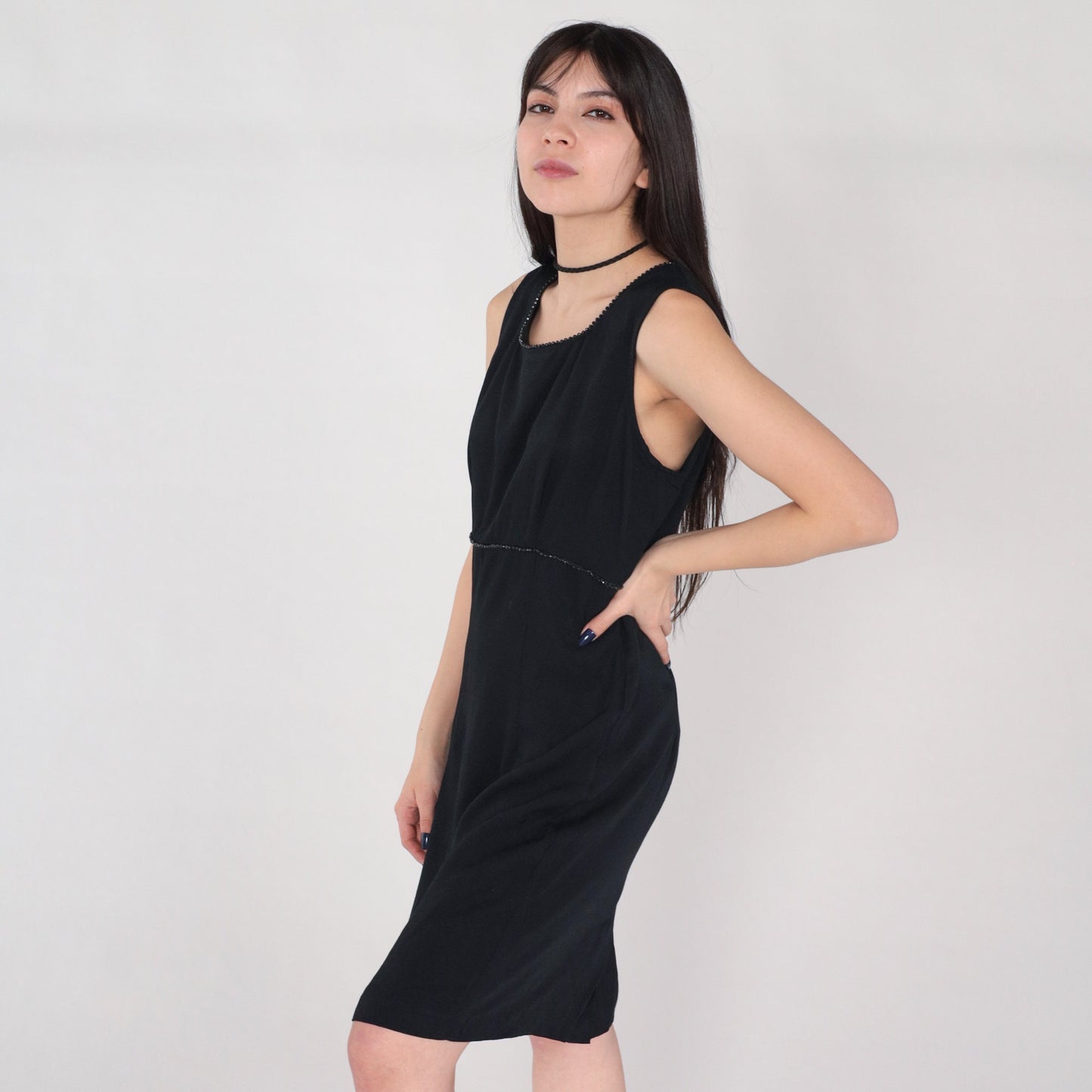 90s Black Mini Dress Beaded Sheath Sleeveless Rear Zip Medium 10