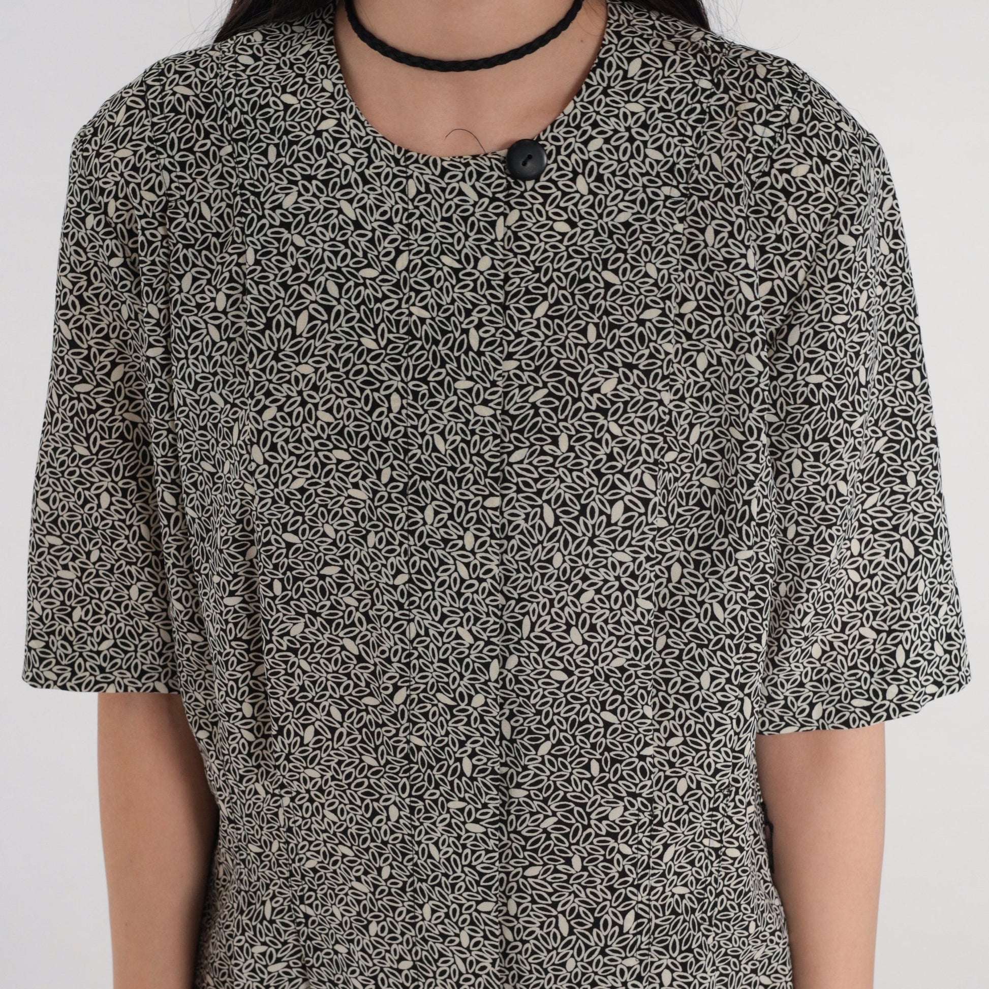 90s Liz Claiborne Black Leaf Print Midi Dress Button-Up Pockets Medium 8