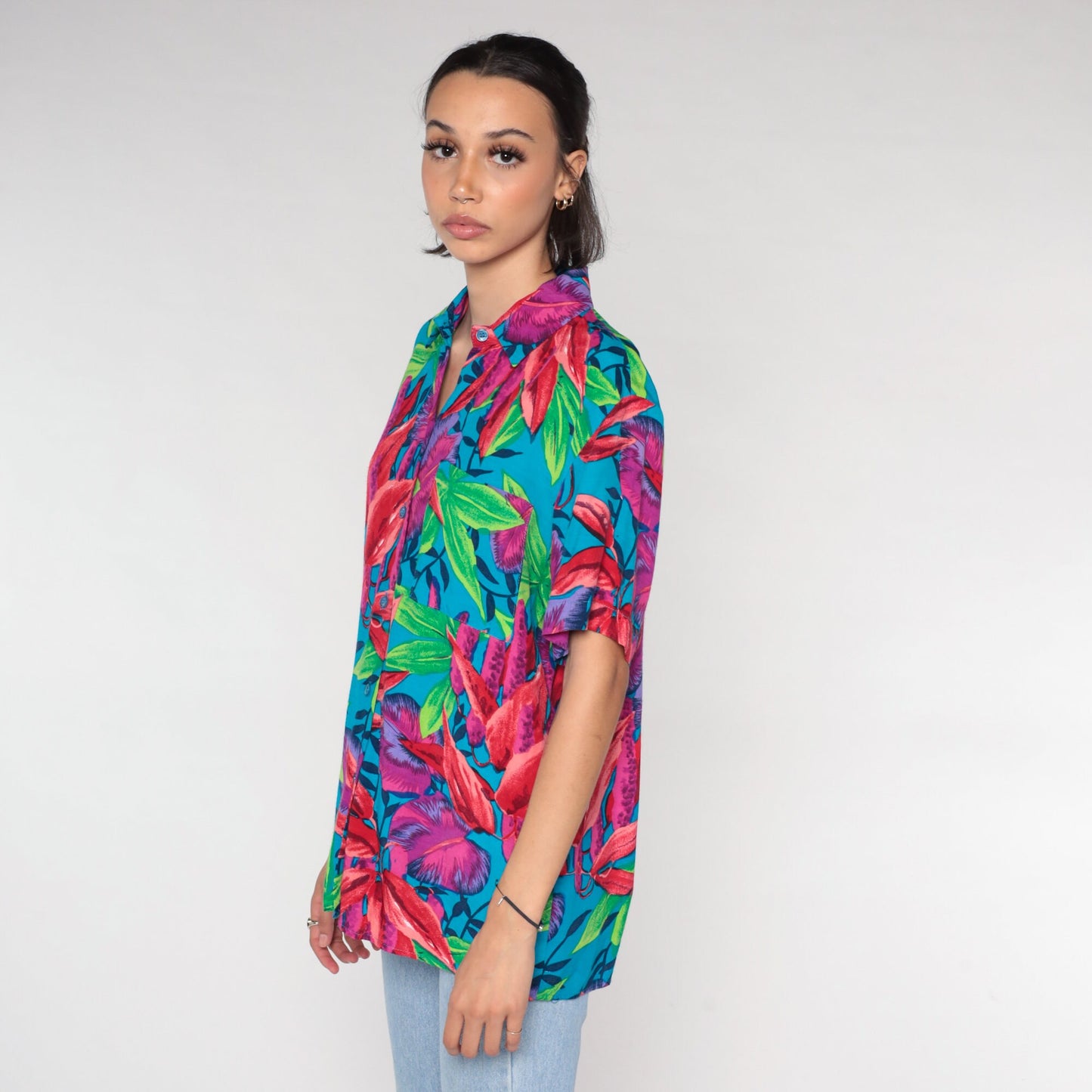 90s Hawaiian Floral Button-Up Blouse Blue Short Sleeve Medium