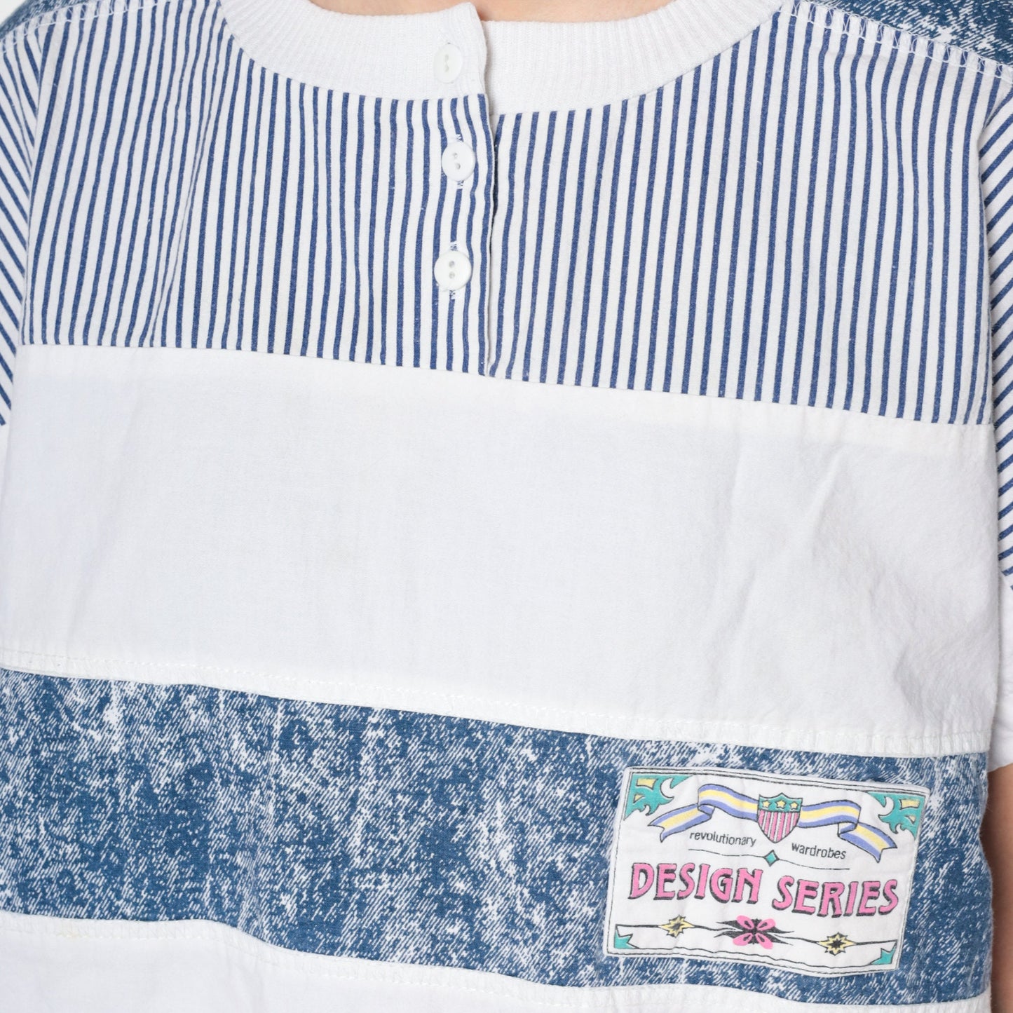90s Henley Shirt White Blue Striped Cap Sleeve Banded Hem Large