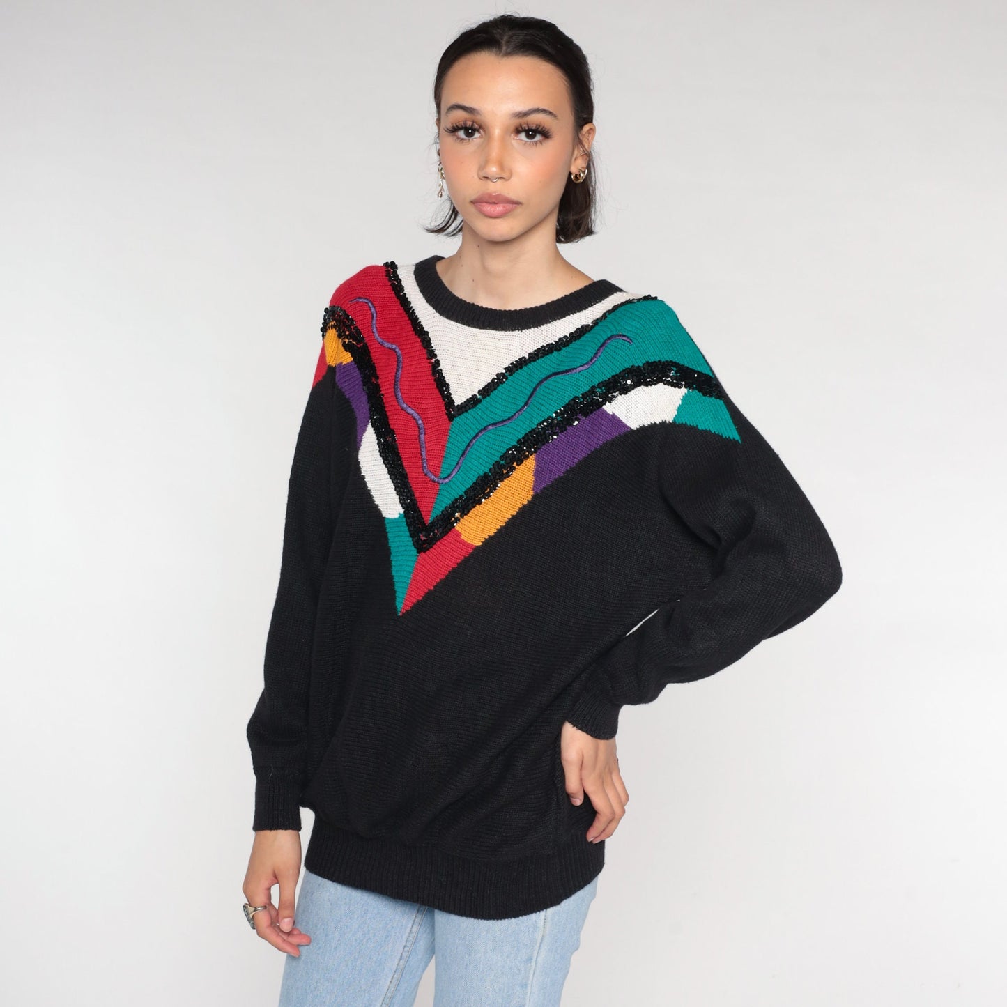 90s Black Sequin Chevron Knit Sweater Embroidered Squiggle Cotton Ramie Extra Large
