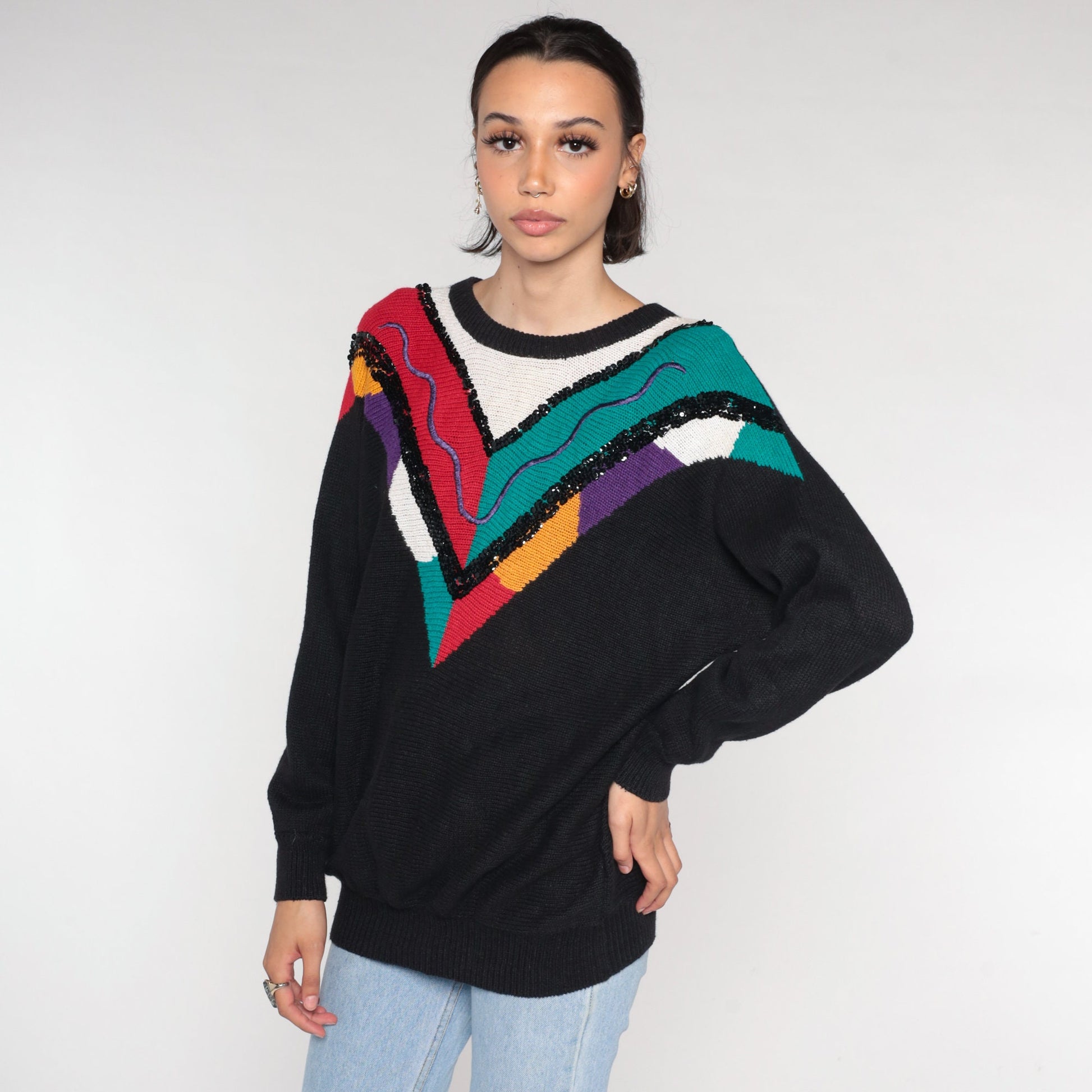 90s Black Sequin Chevron Knit Sweater Embroidered Squiggle Cotton Ramie Extra Large