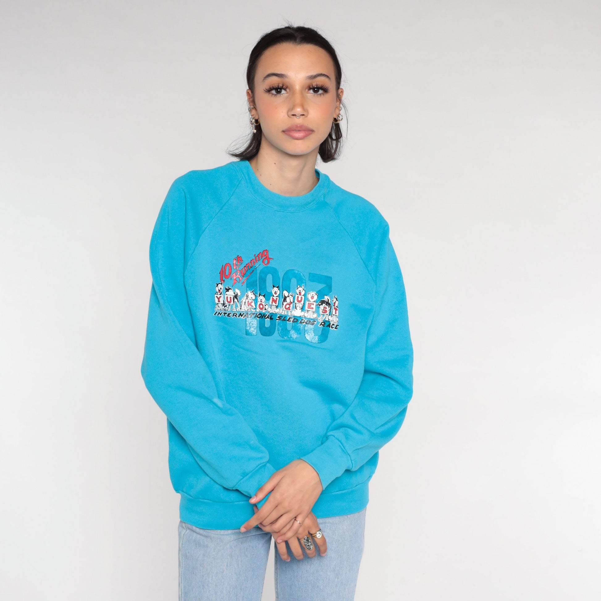1993 Yukon Quest Dogsled Race Sweatshirt Blue Raglan Graphic Medium
