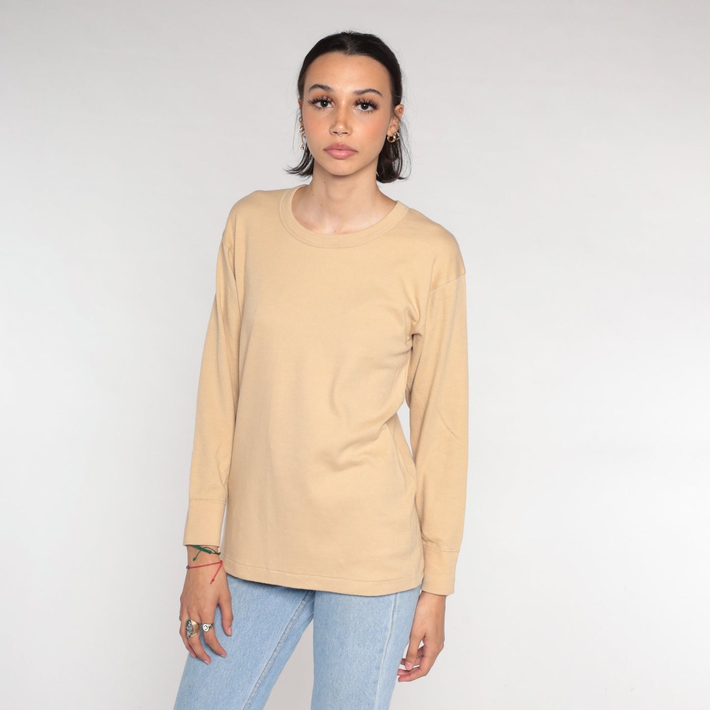 00s Tan Long Sleeve T-Shirt Plain Crewneck Cotton Blend Large L