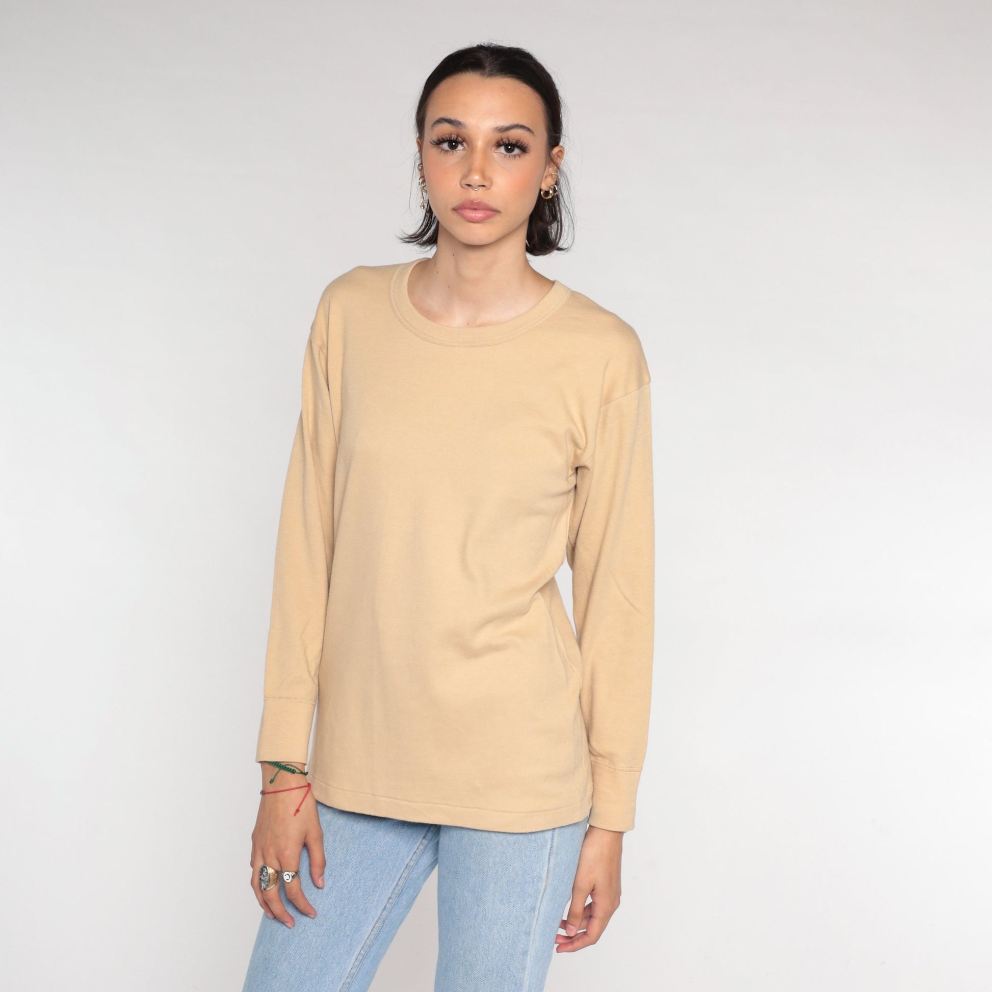 00s Tan Long Sleeve T-Shirt Plain Crewneck Cotton Blend Large L