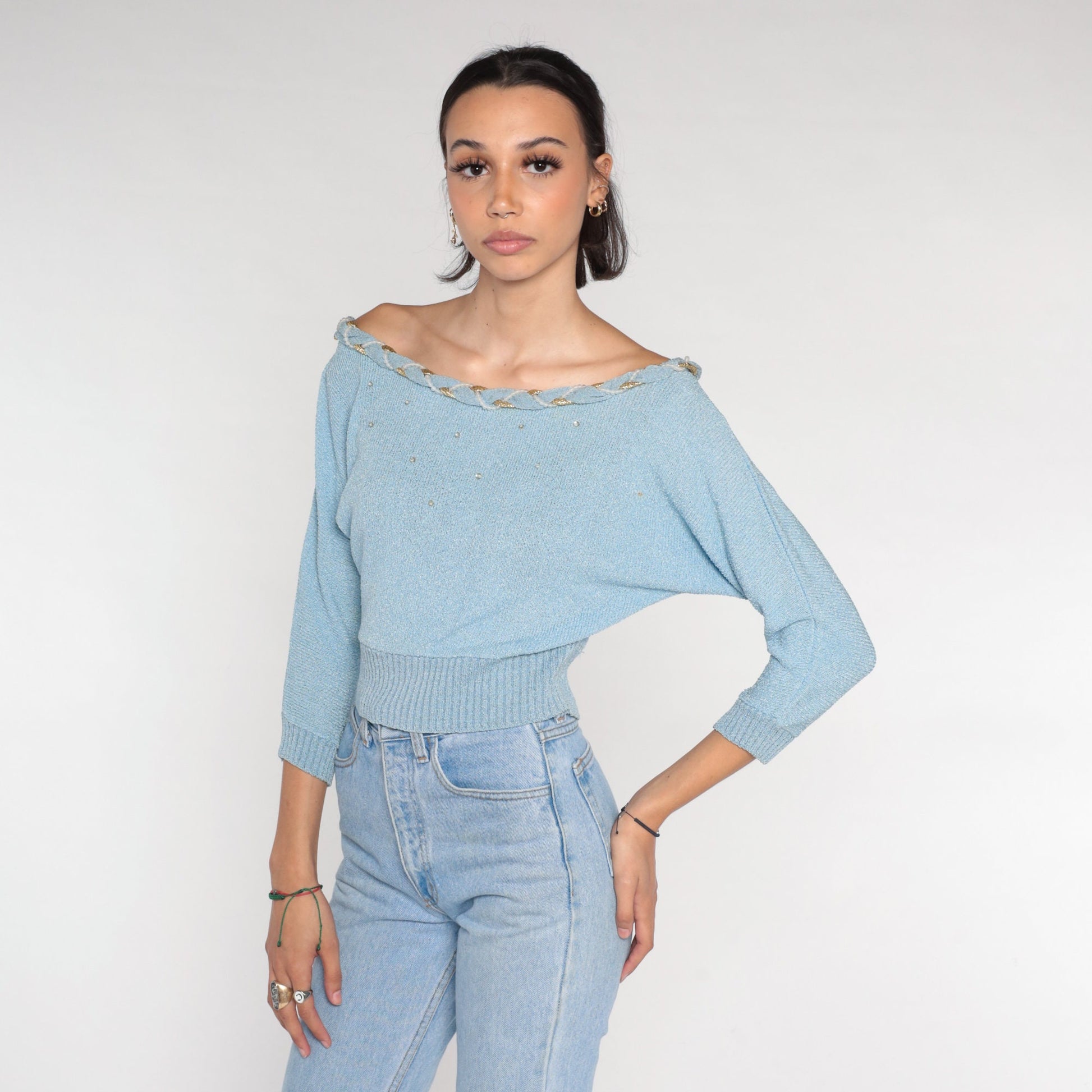 70s Dusty Blue Knit Sweater Off-Shoulder Sequin Beaded Pullover Small S