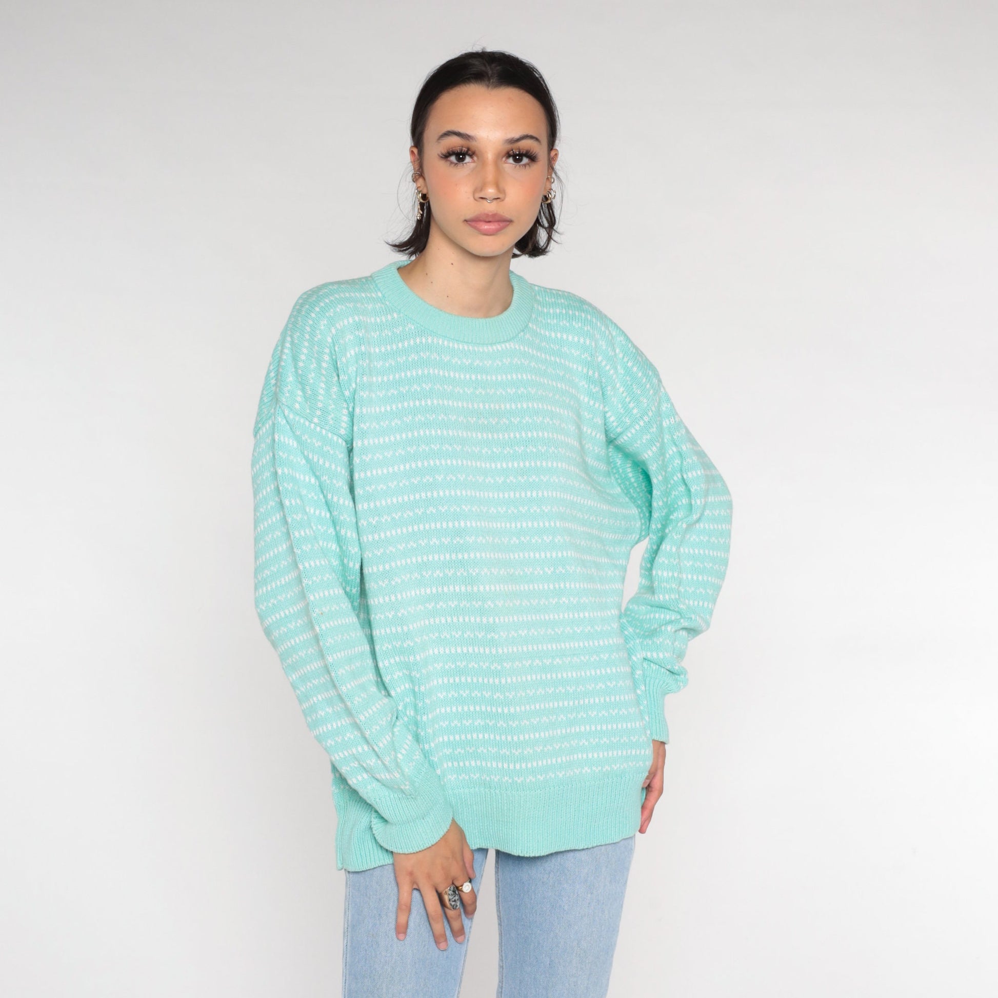 90s Eddie Bauer Seafoam Striped Knit Sweater Crewneck Cotton Medium