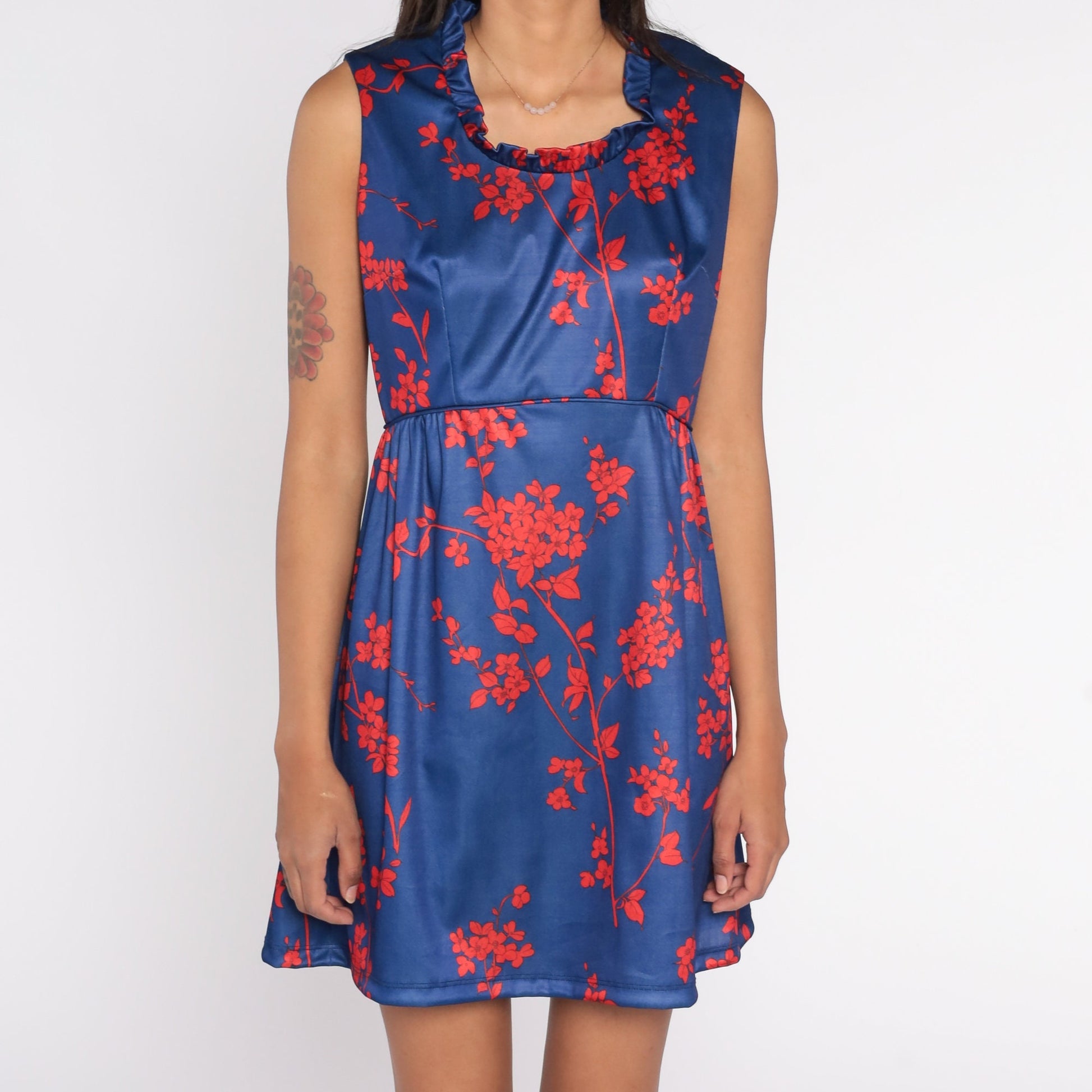 70s Emilio Borghese Babydoll Mini Dress Blue Floral Empire Waist Small