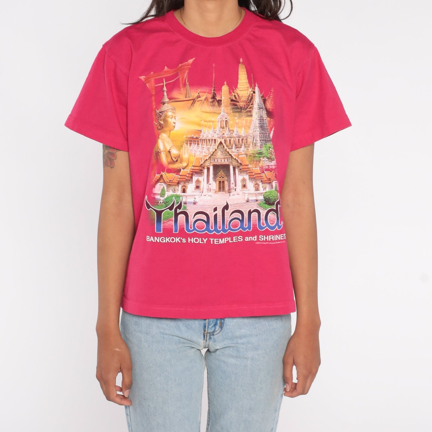 00s Bangkok Thailand Temples Graphic T-Shirt Hot Pink Cotton Medium
