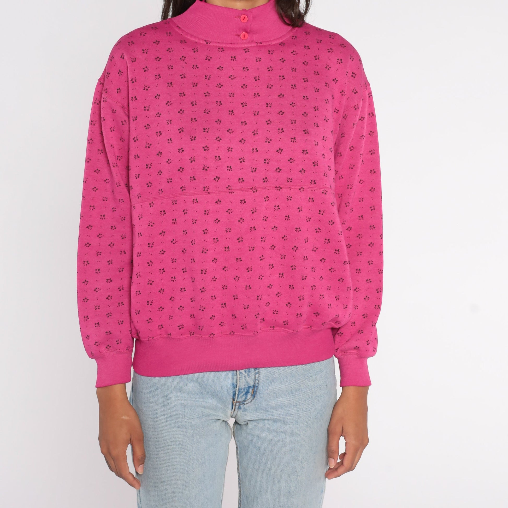 80s Floral All Over Print Sweatshirt Pink Mock Neck Medium