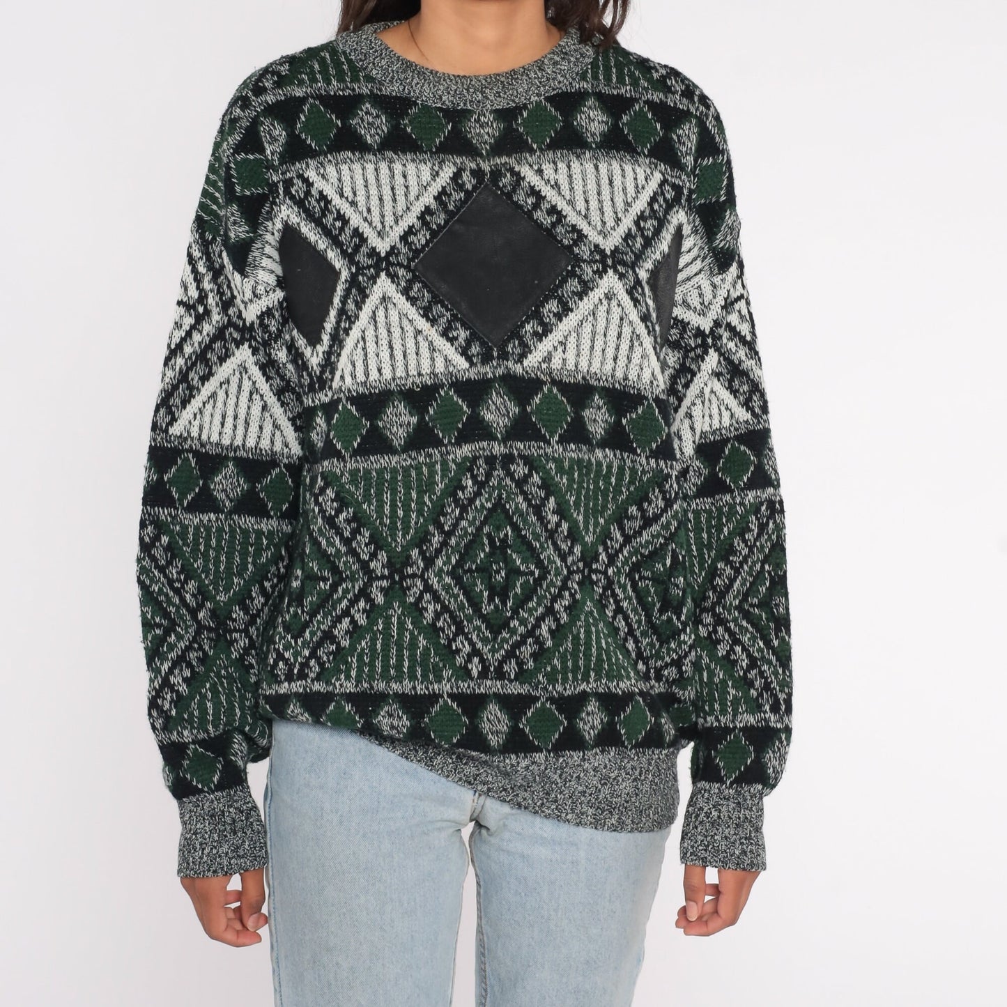 90s Geometric Leather Patch Crewneck Sweater Green Large L