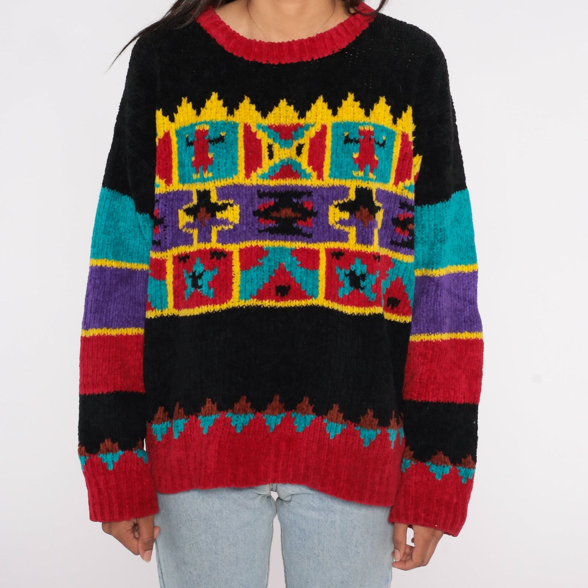 90s Geometric Chenille Sweater Red Black Star People Pullover Extra Large XXL