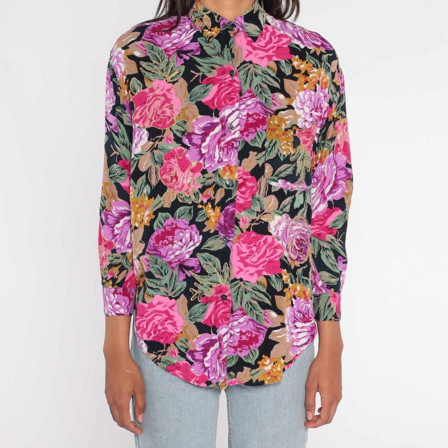 90s Floral Button Up Blouse Metallic Gold Pink Purple Rayon Small