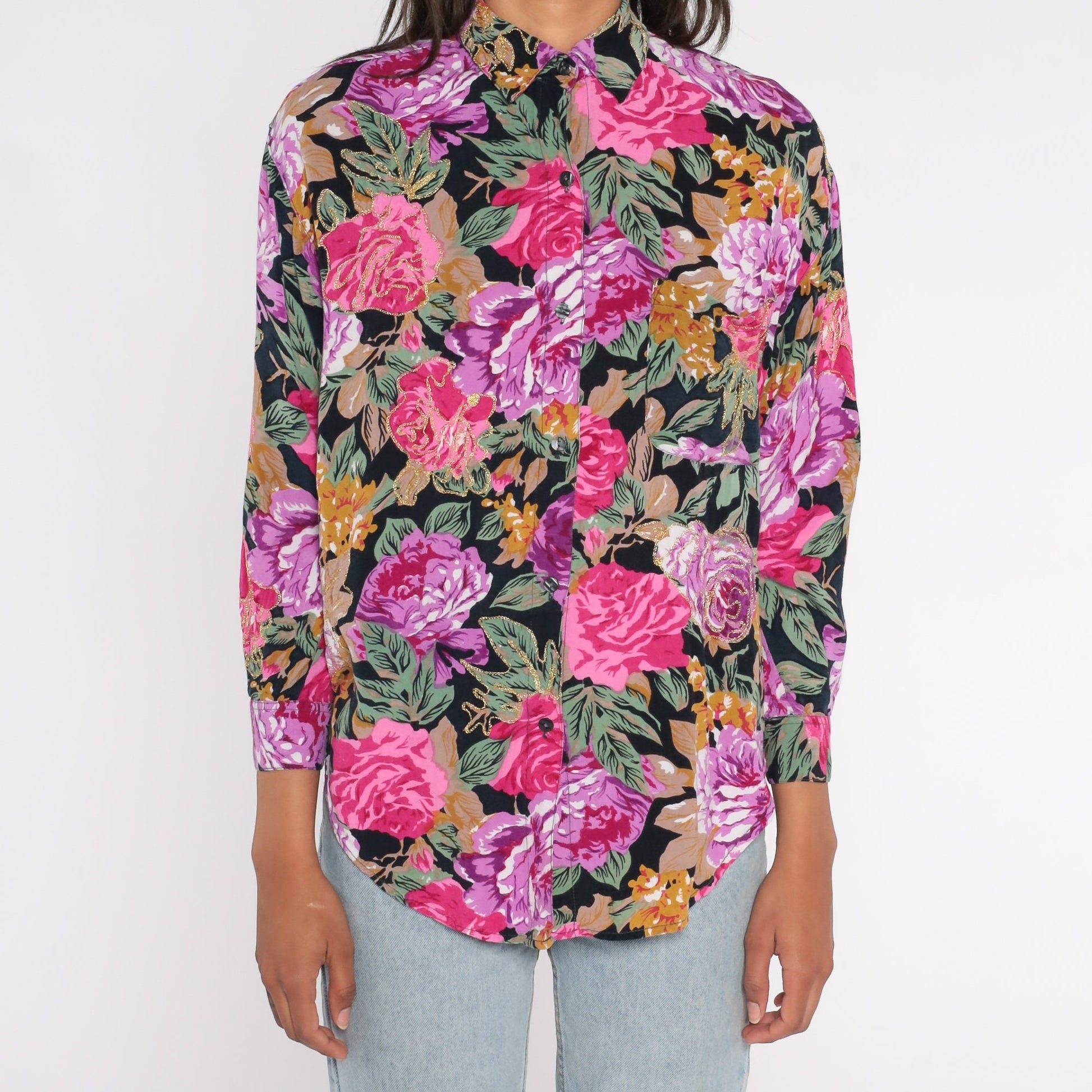 90s Floral Button Up Blouse Metallic Gold Pink Purple Rayon Small