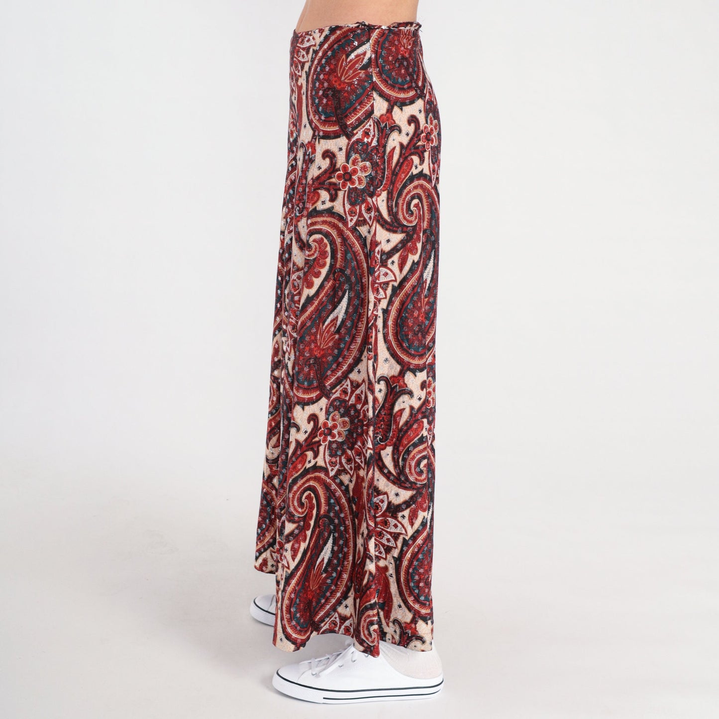70s Paisley Metallic Bell Bottom Pants High Waisted Red Cream Small