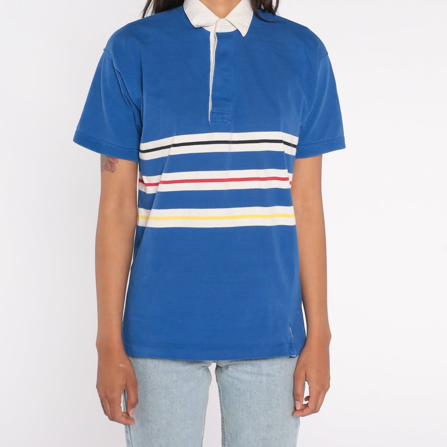 80s Blue Striped Polo Shirt Cotton Half-Button Collared Small