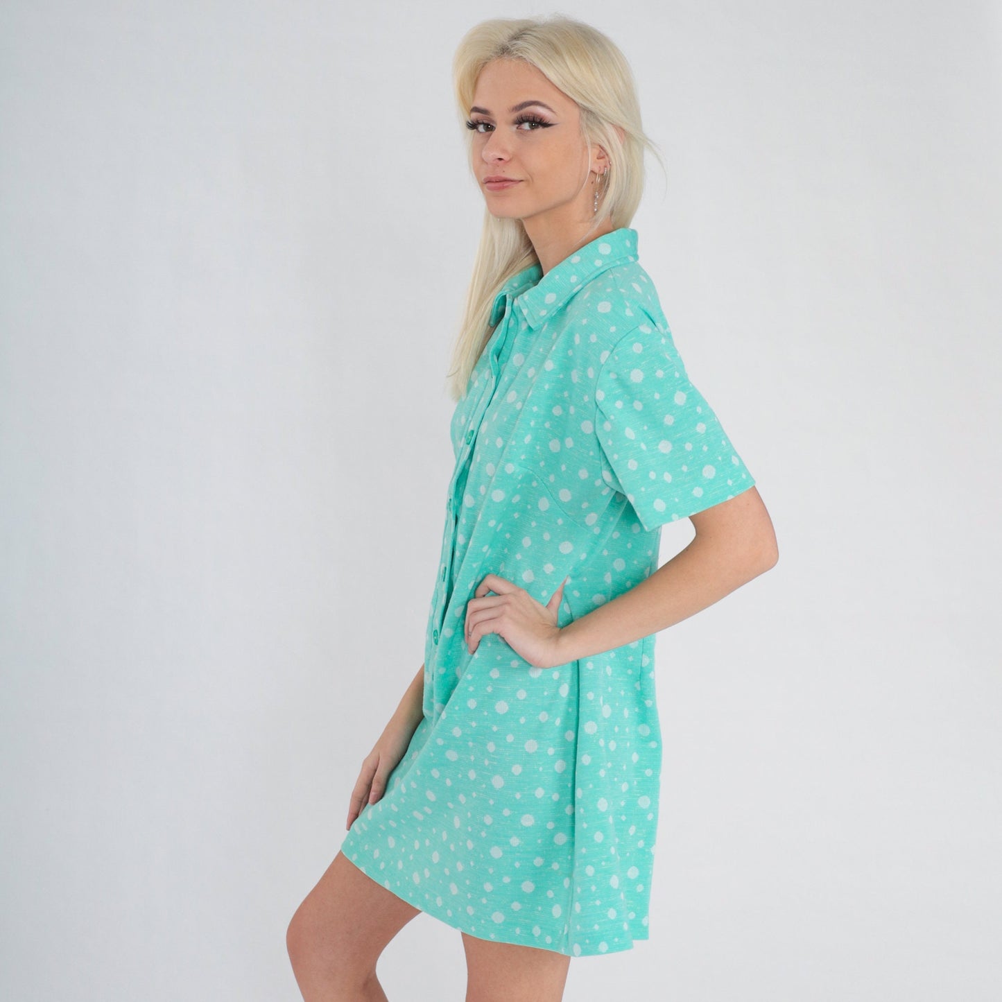 70s Blue-Green Polka Dot Shift Dress Collared Mini Short Sleeve Large L