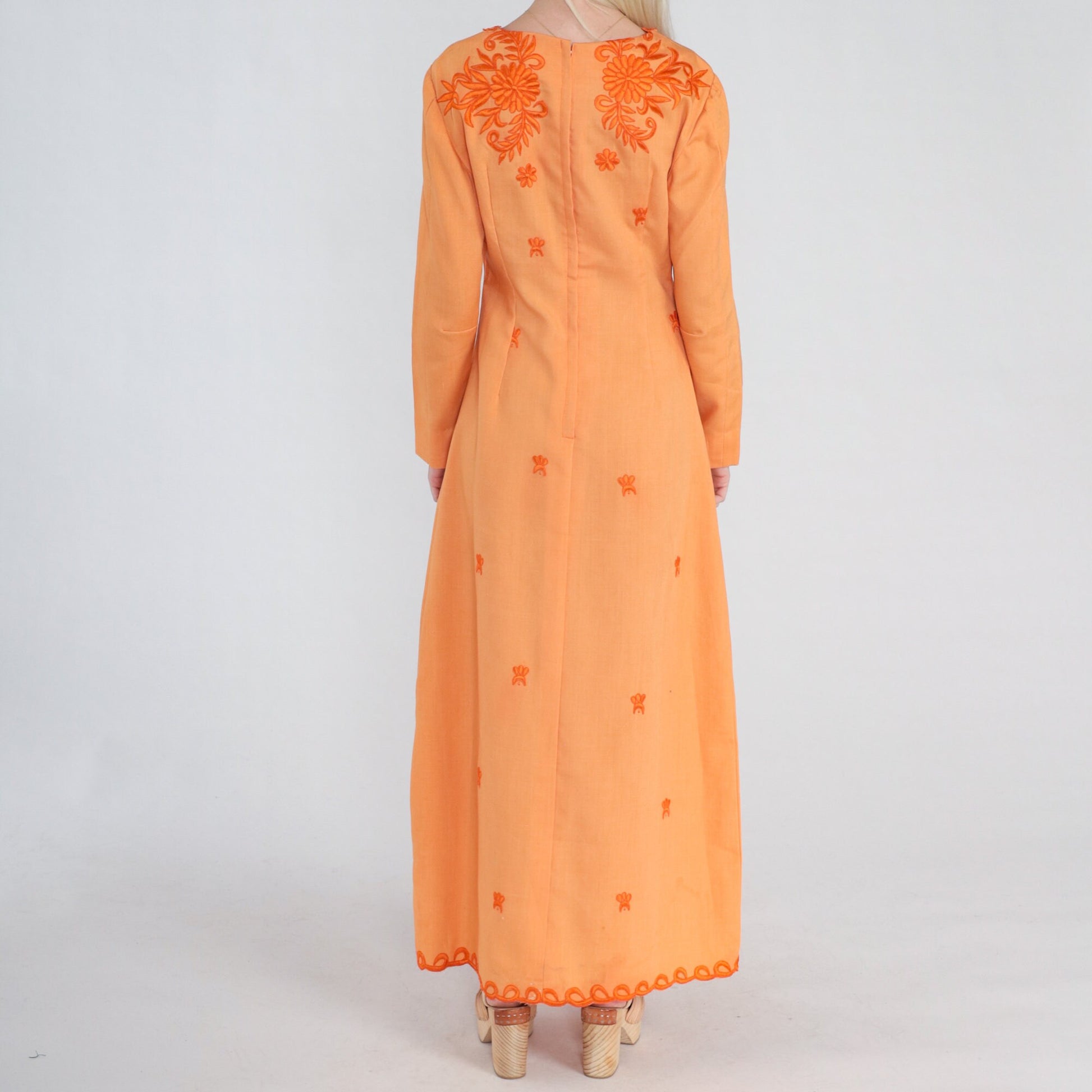 70s Orange Floral Embroidered Maxi Dress Empire Waist Long Sleeve Small
