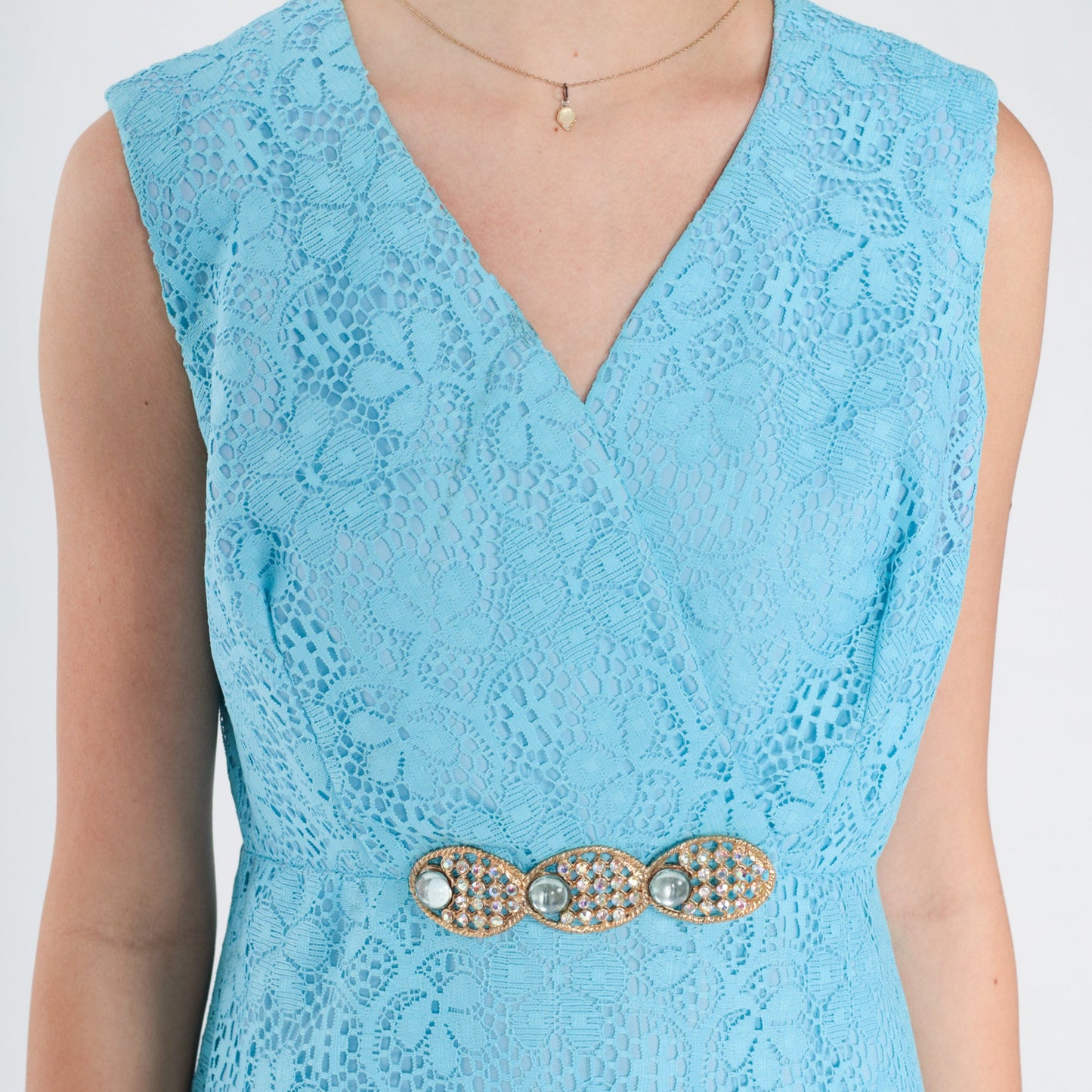 70s Blue Floral Lace Maxi Dress Rhinestone Empire Waist V Neck Small