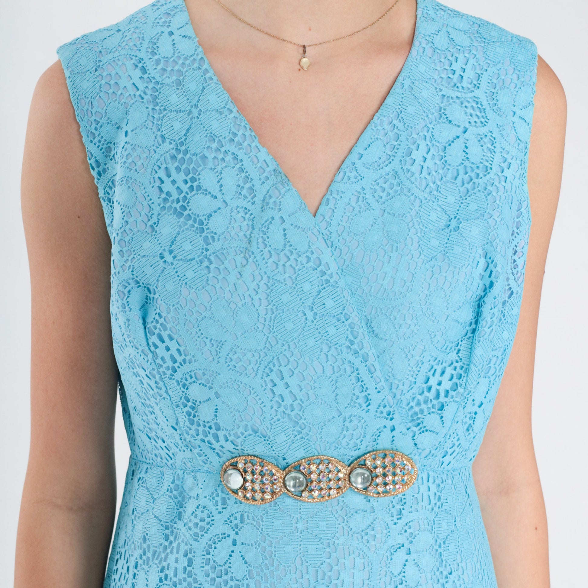 70s Blue Floral Lace Maxi Dress Rhinestone Empire Waist V Neck Small