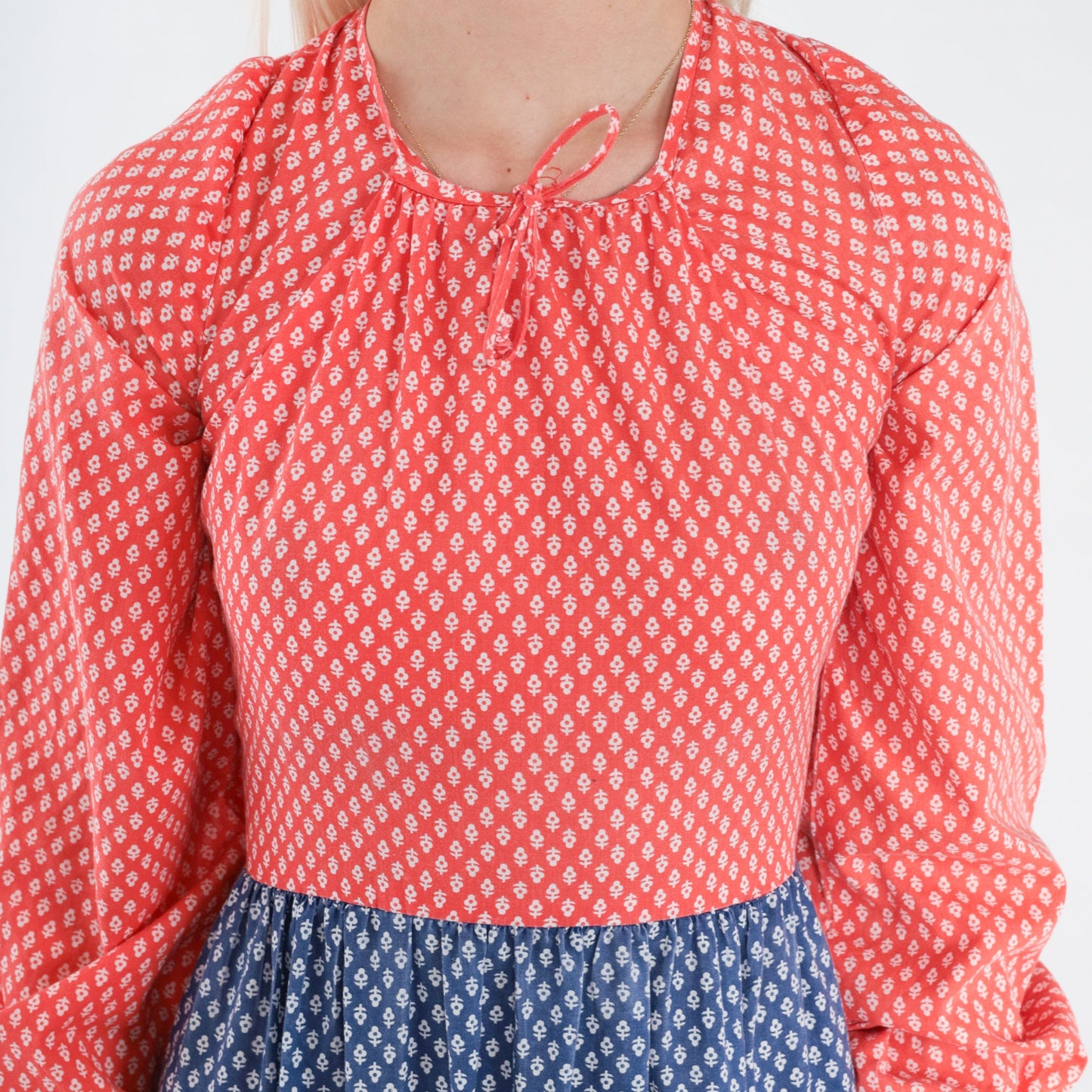 70s Calico Floral Midi Dress Red Blue Tiered 3/4 Sleeve XXS