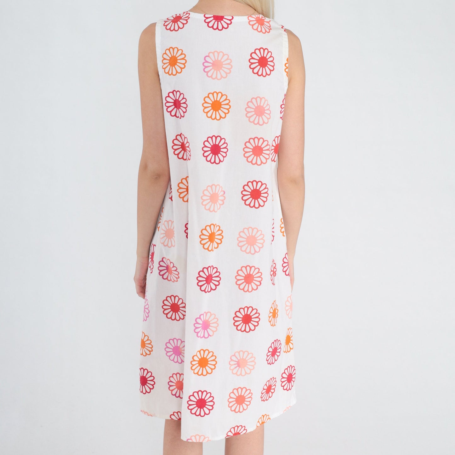 80s White Daisy Floral Shift Dress Sleeveless Knee-Length Small