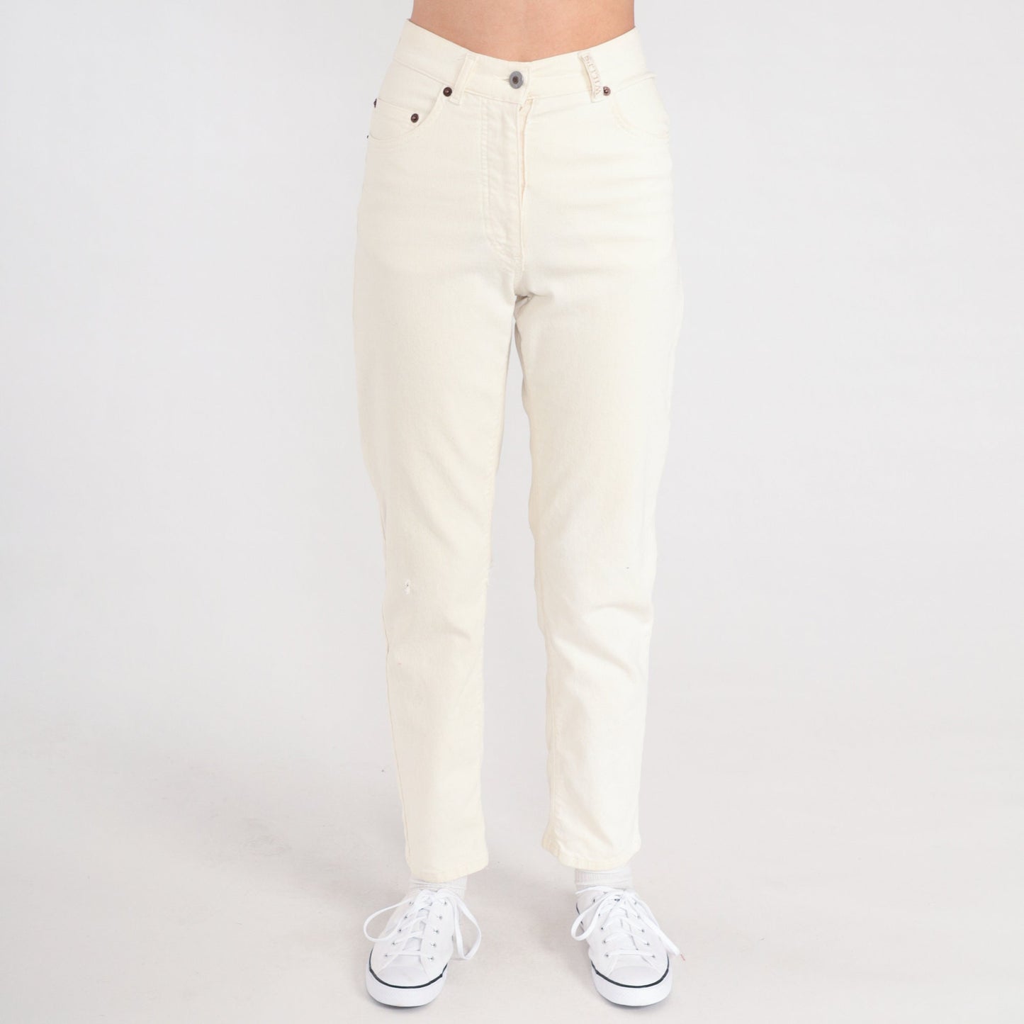 Y2K Cream Skinny Jeans High Waisted Ribbed Stretch Denim Small S