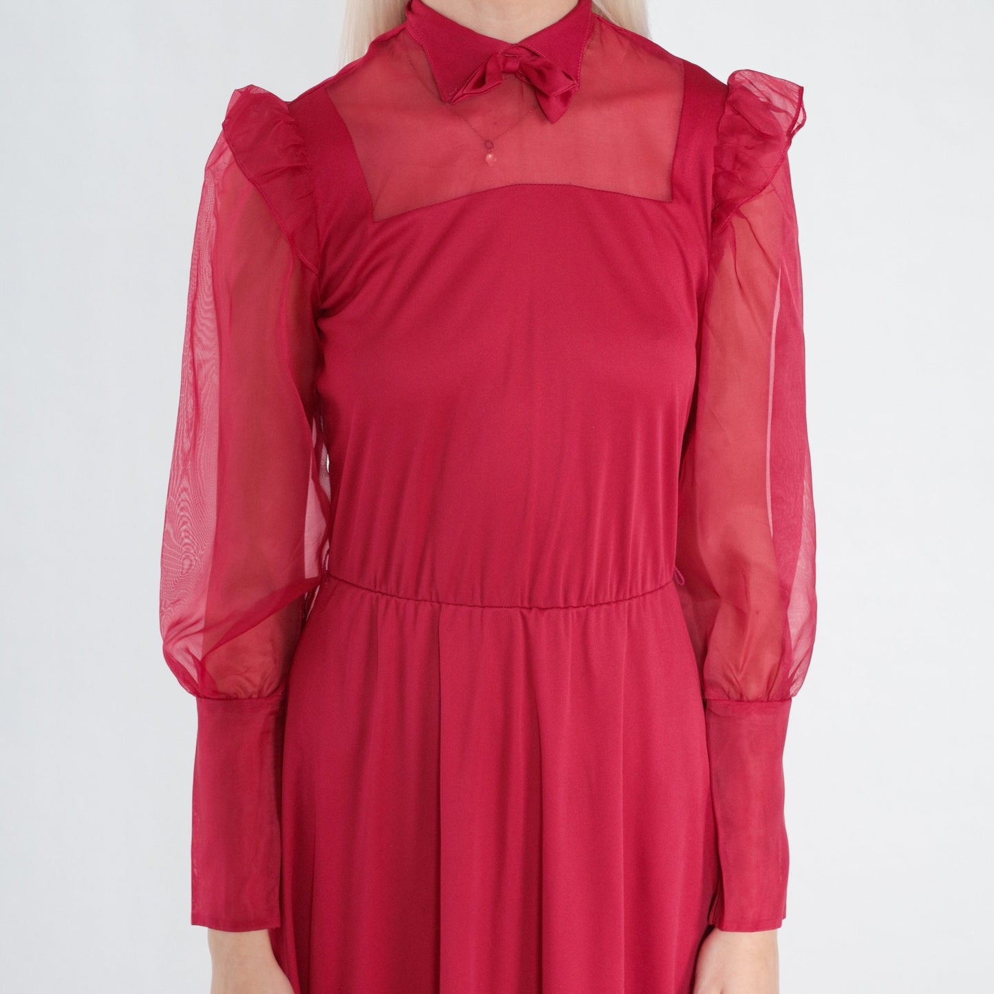 70s Raspberry Red Midi Dress Collared Bow Tie Ruffled Sheer Sleeve Extra Small