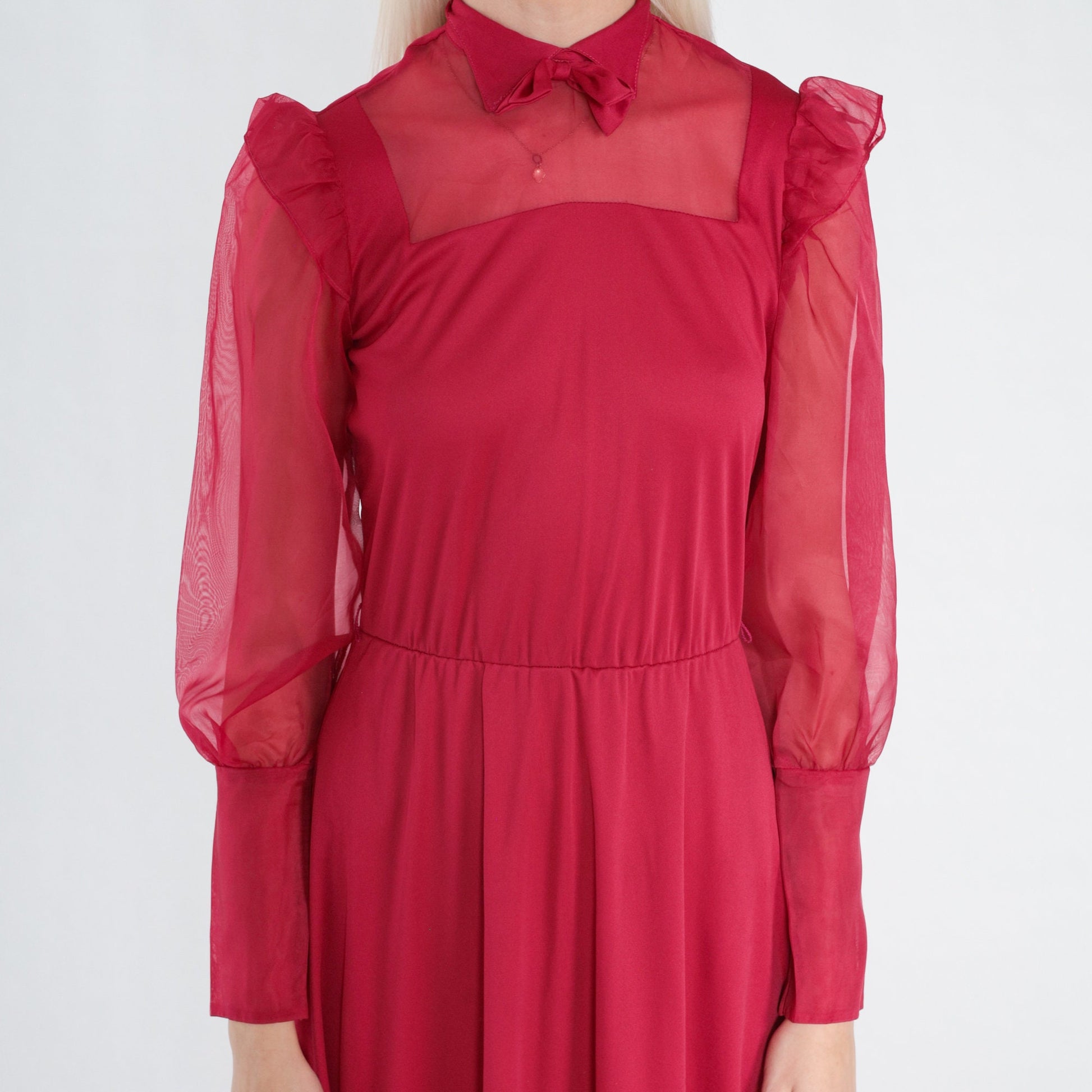 70s Raspberry Red Midi Dress Collared Bow Tie Ruffled Sheer Sleeve Extra Small