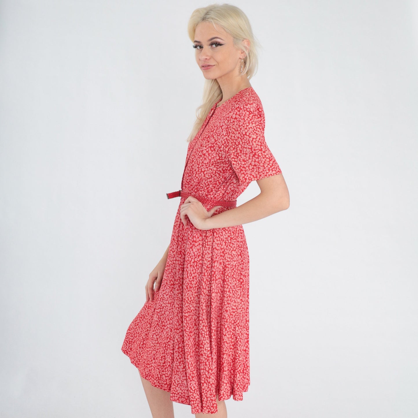 90s Talbots Red Swirl Print Midi Dress Button-Up High Waist Short Sleeve XS