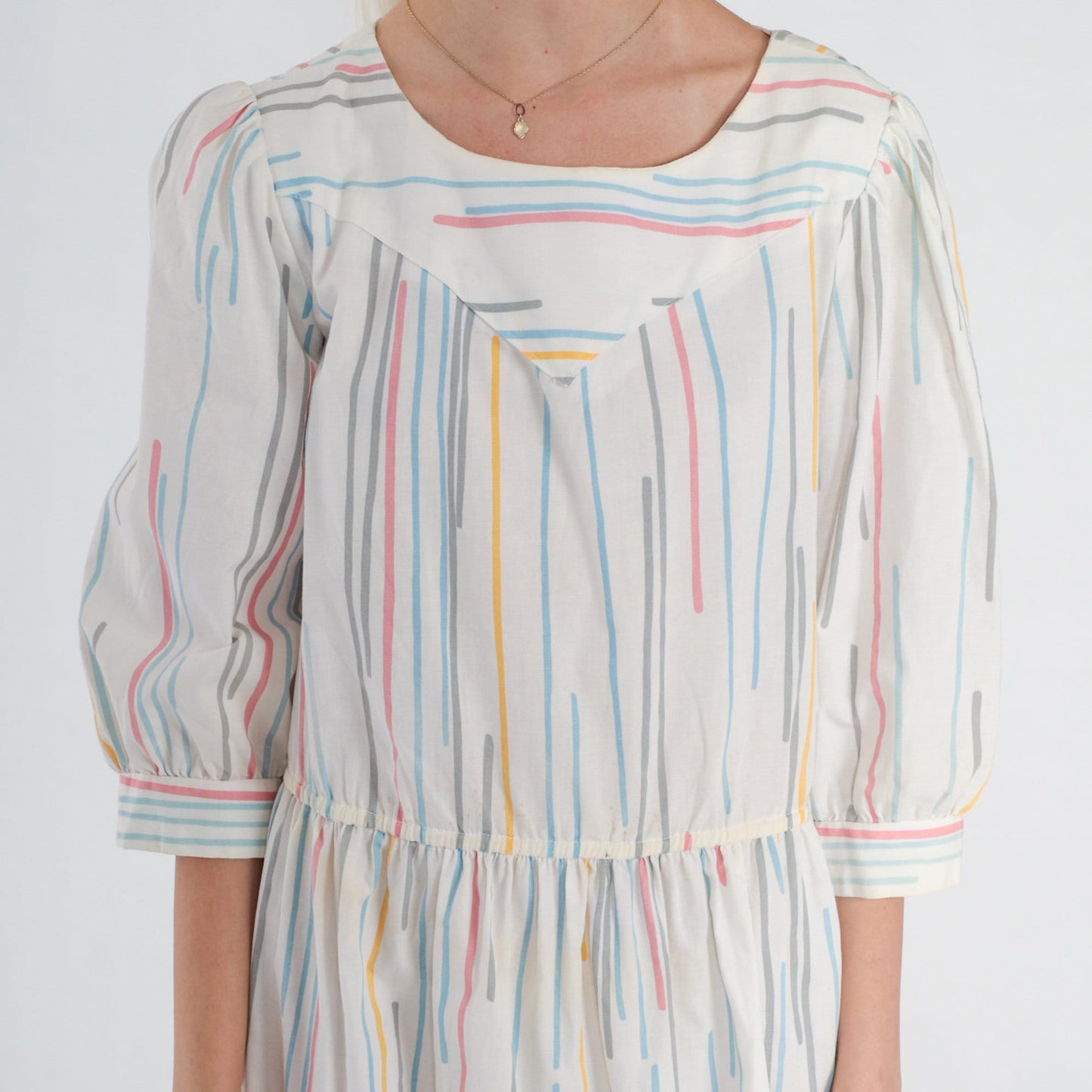 80s Striped Midi Dress Puff Sleeve White Multicolor High Waist Large L