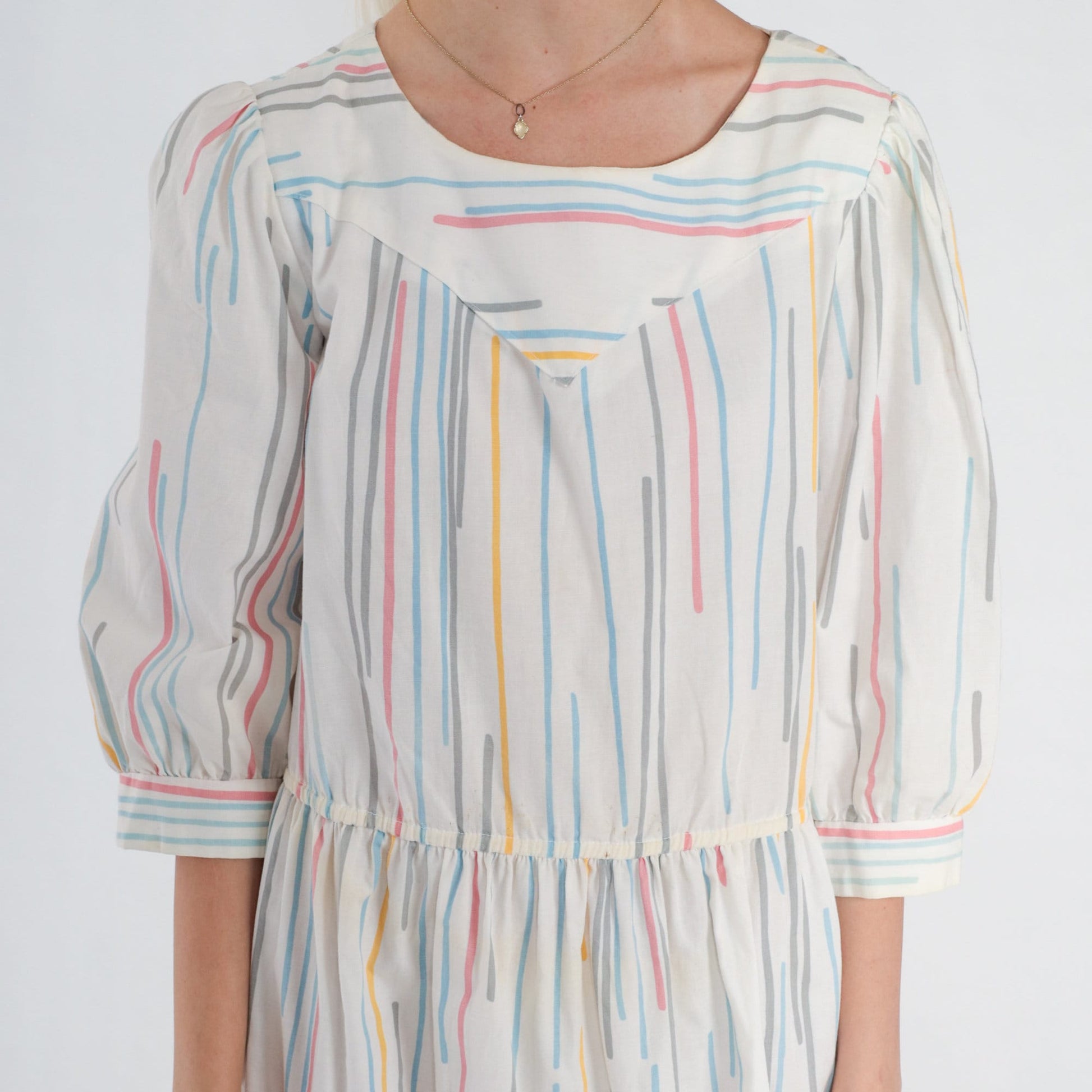 80s Striped Midi Dress Puff Sleeve White Multicolor High Waist Large L