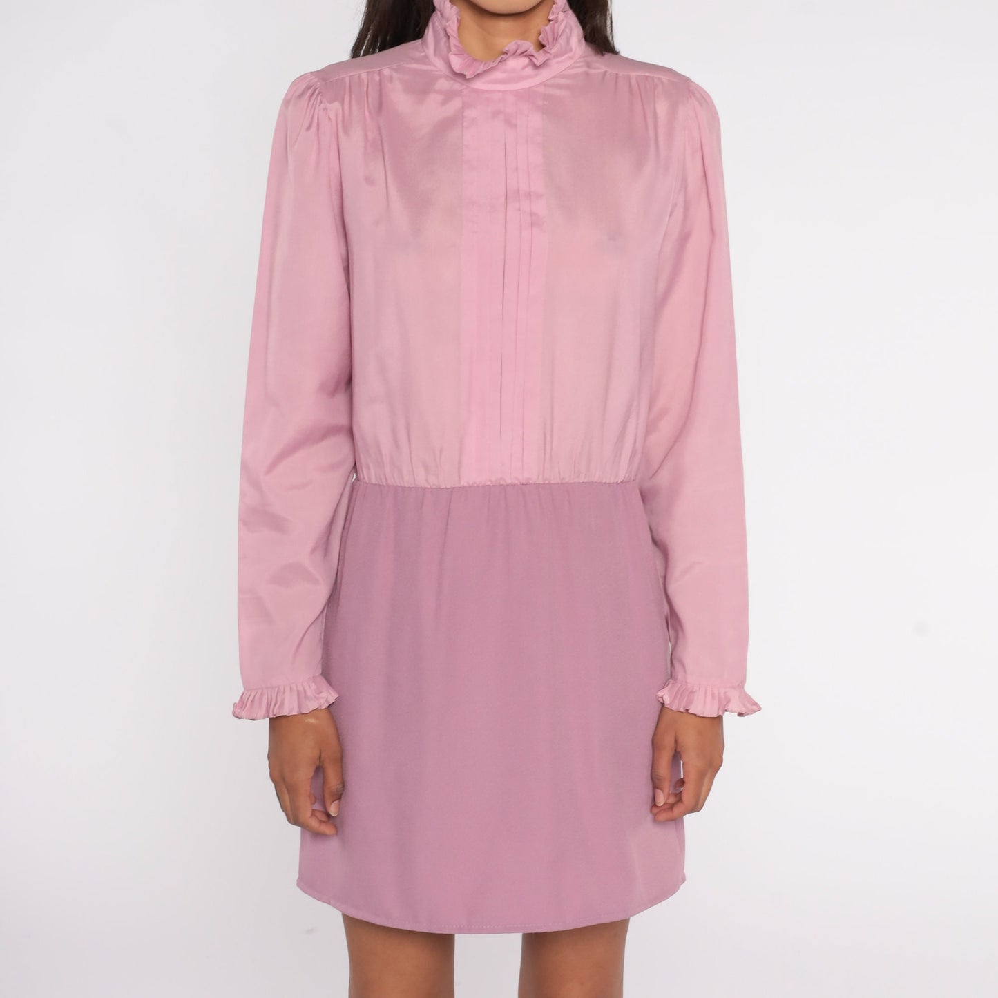 70s Pink Mini Dress Ruffle Collar Puff Sleeve High Waist Medium