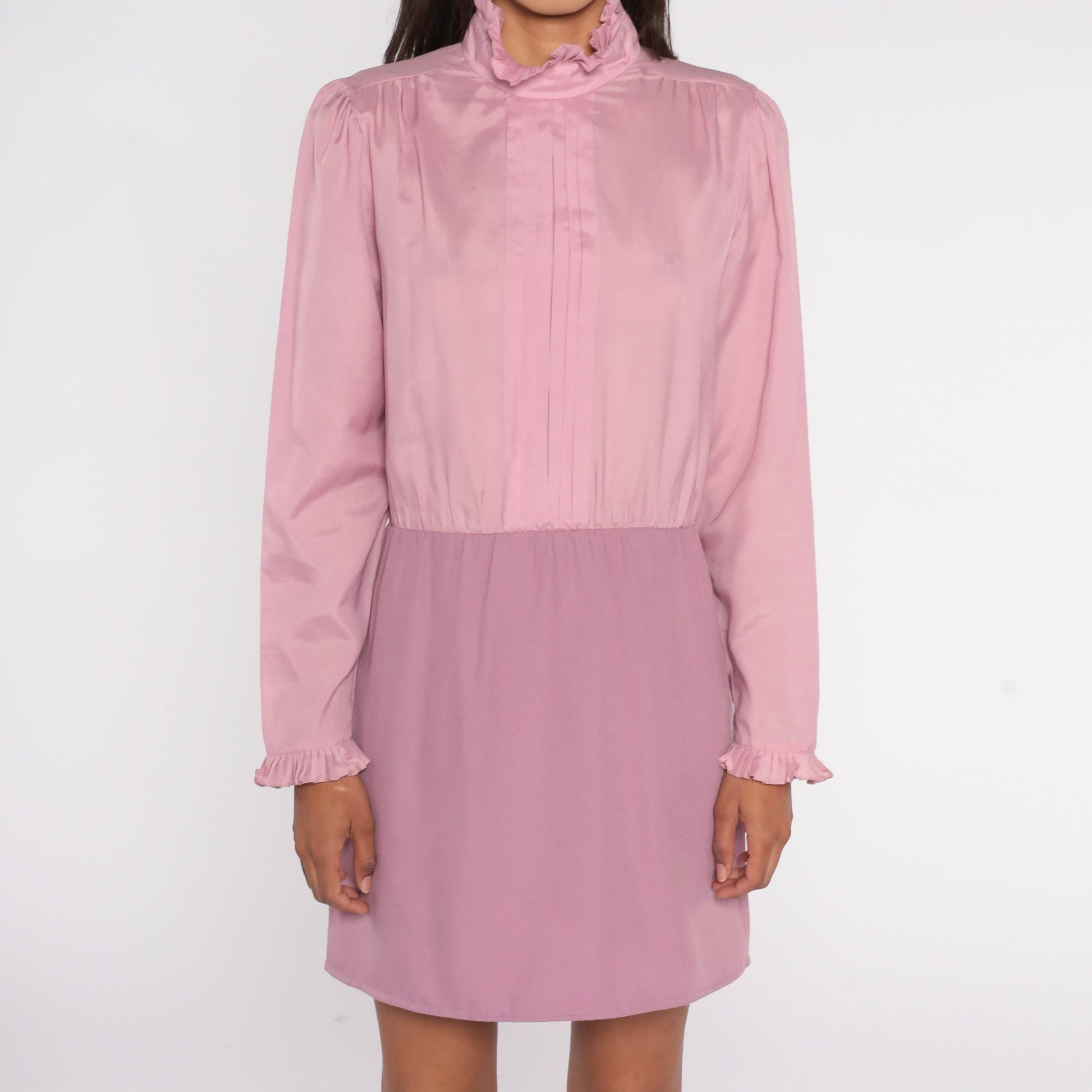 70s Pink Mini Dress Ruffle Collar Puff Sleeve High Waist Medium