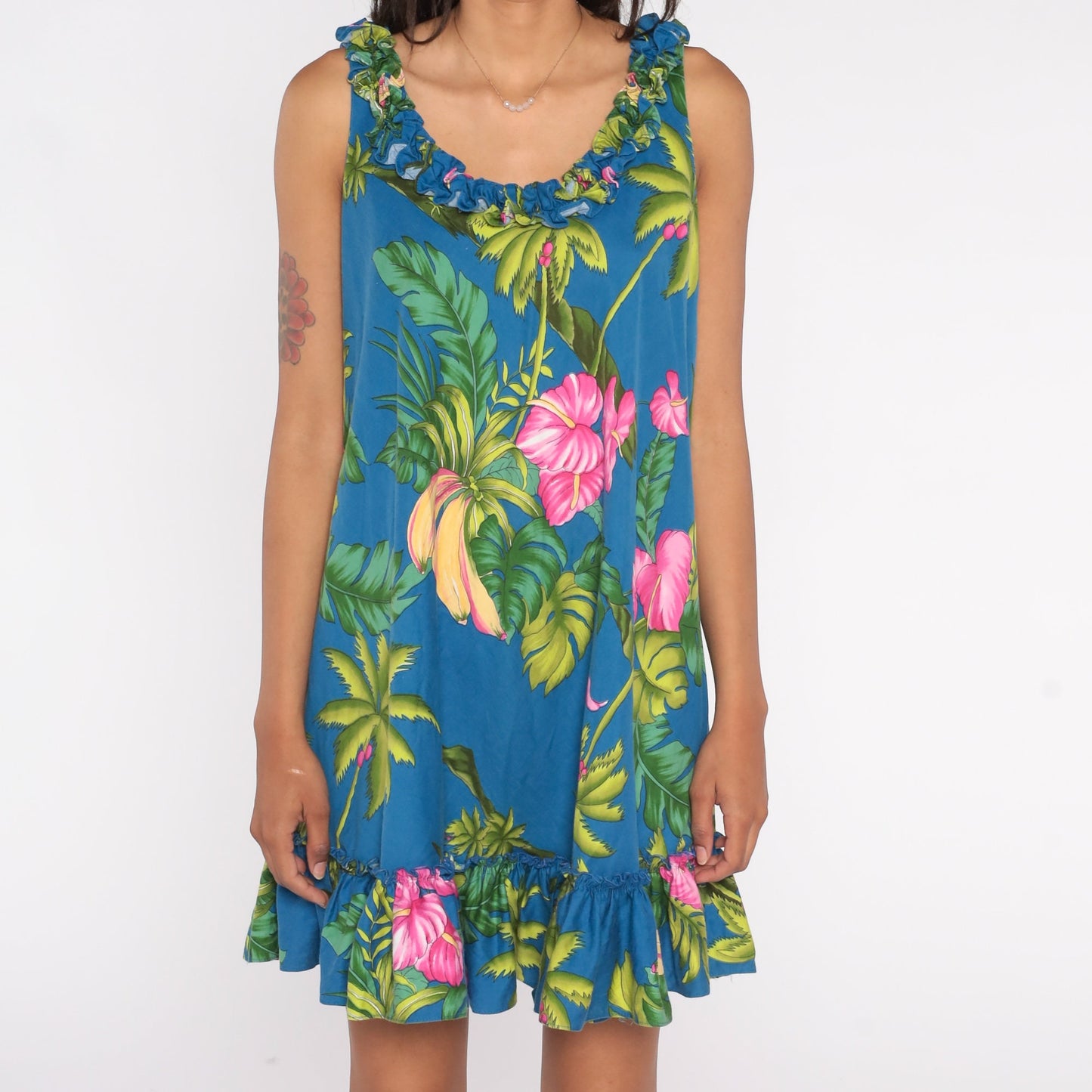 Y2K Tropical Floral Banana Mini Dress Sleeveless Ruffled Trim Green Blue Pink Large
