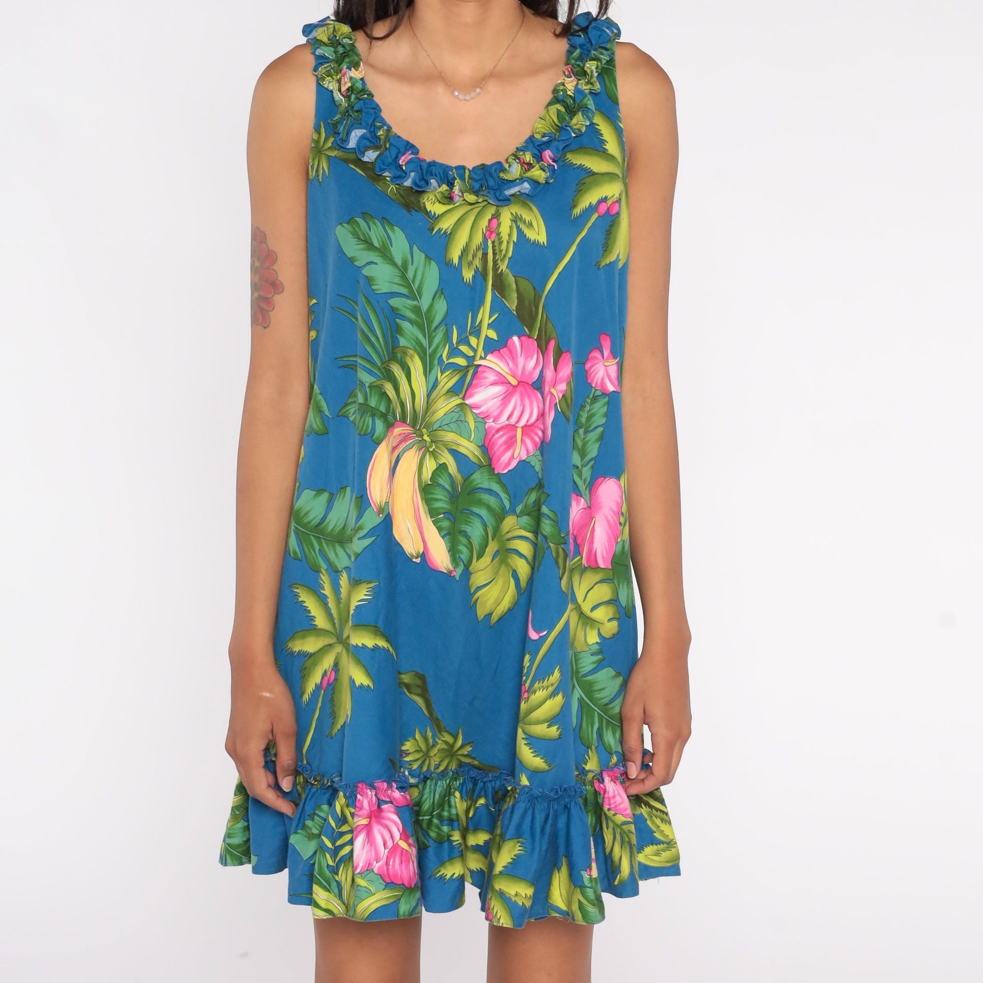 Y2K Tropical Floral Banana Mini Dress Sleeveless Ruffled Trim Green Blue Pink Large