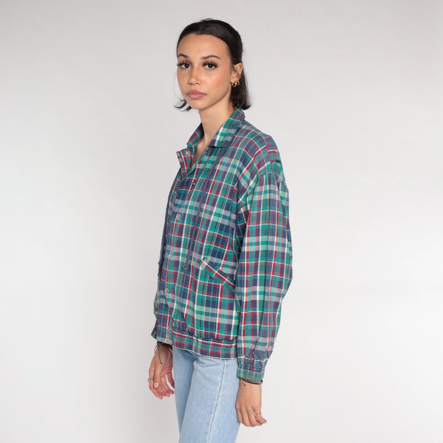 80s Plaid Windbreaker Snap Jacket Blue Red Green Small