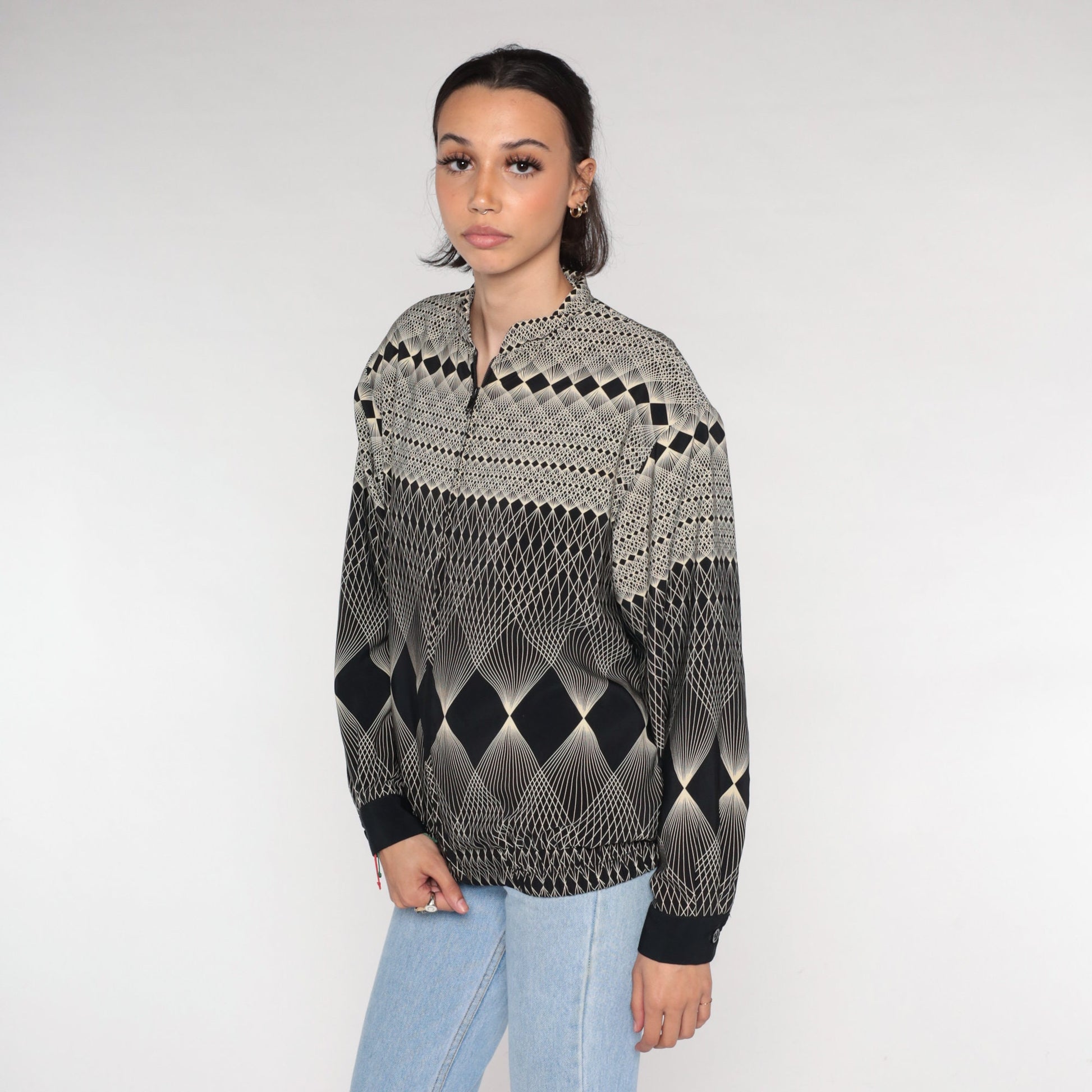 80s Op Art Bomber Jacket Black White Geometric Windbreaker Medium
