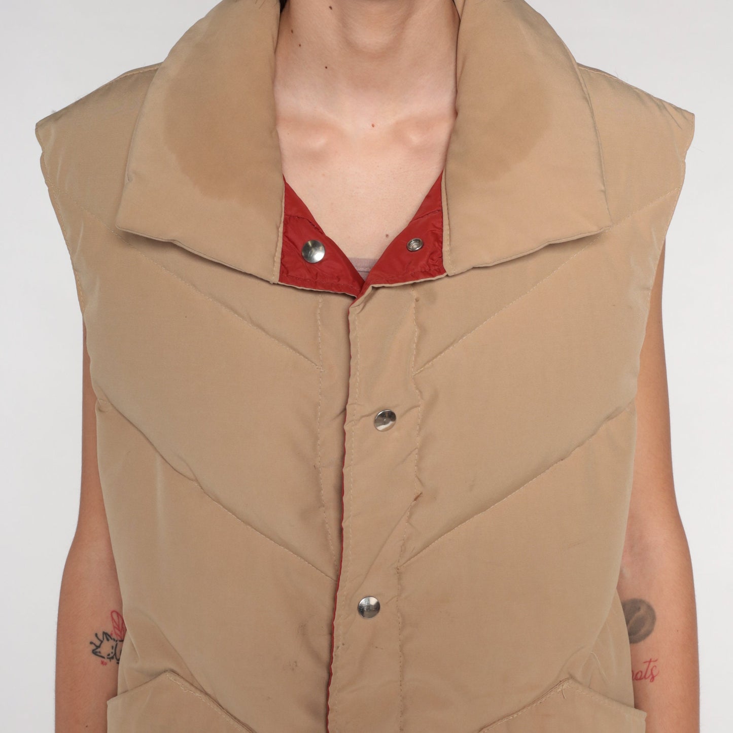 70s Reversible Puffer Vest Rust Brown Tan Down Nylon Snap Front Medium